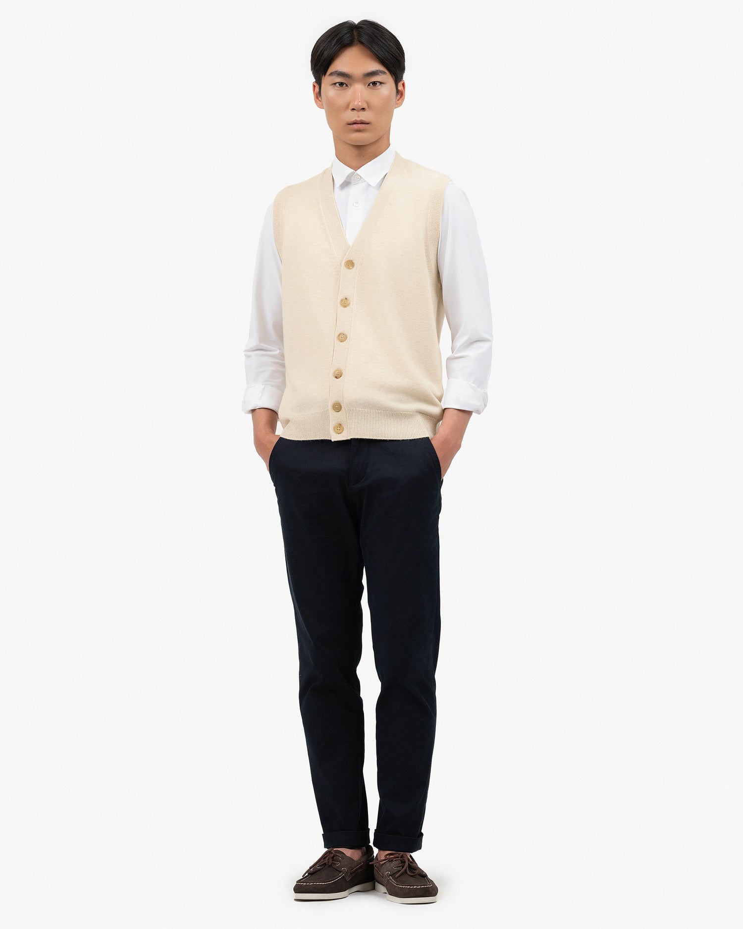 Men's Classic Cardigan Vest - Light Beige Cashmere