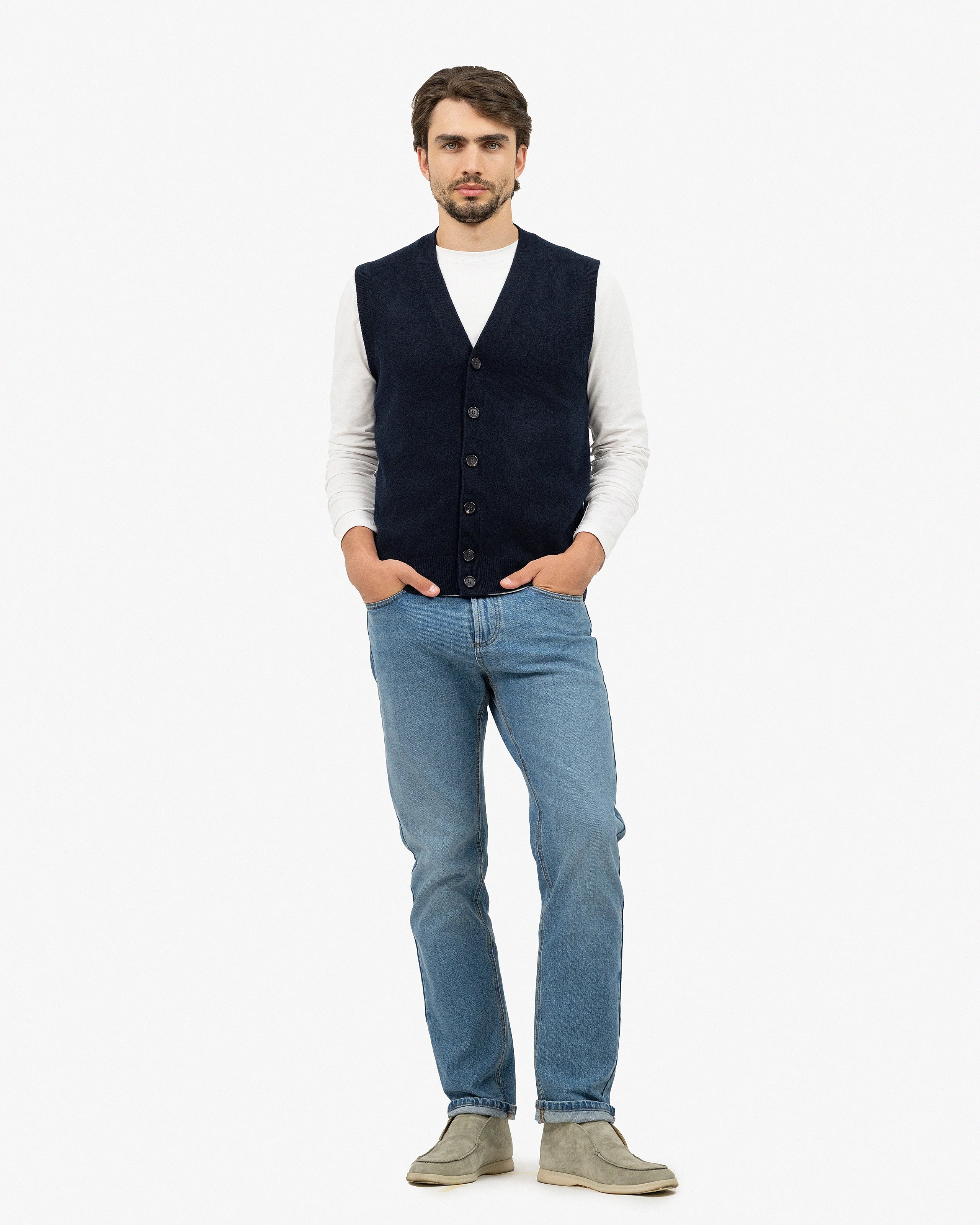Men's Classic Cardigan Vest - Night Blue Cashmere
