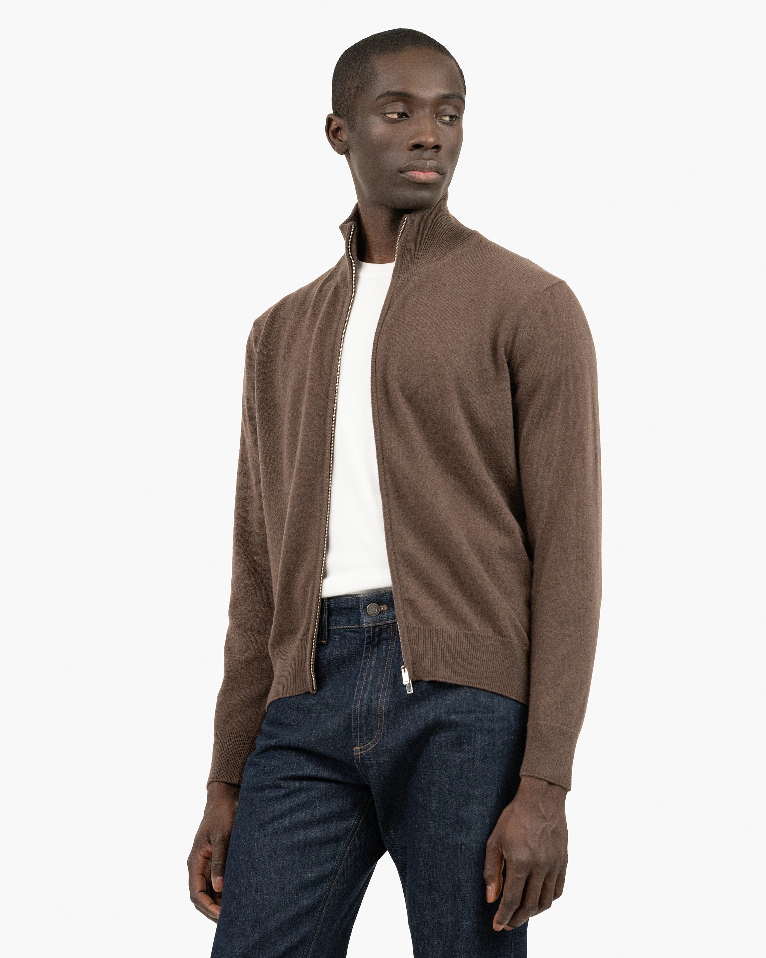 Men's Classic Zip Cashmere Cardigan - Brown | MaisonCashmere