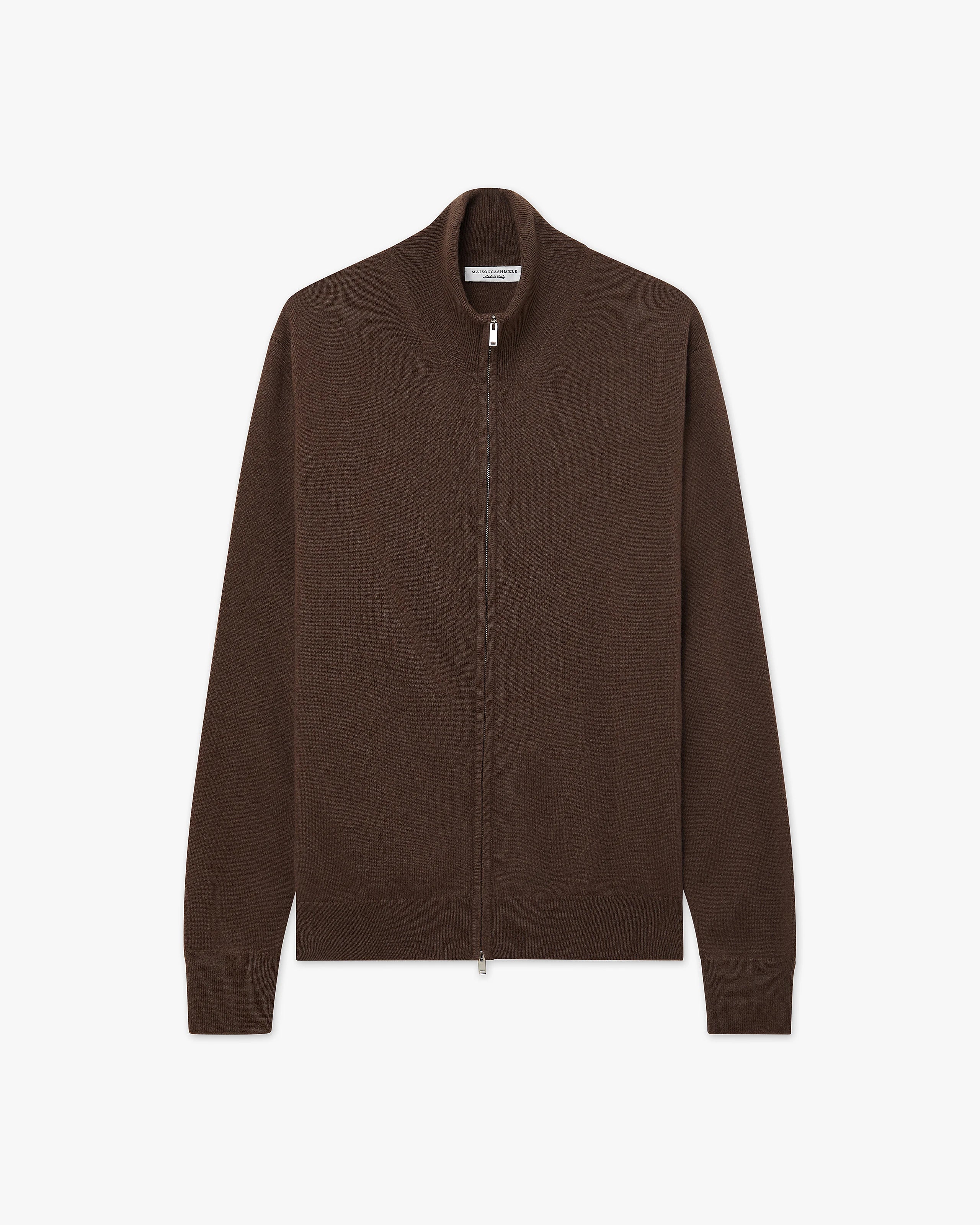 Mens' Classic Zip Cardigan - Brown Cashmere