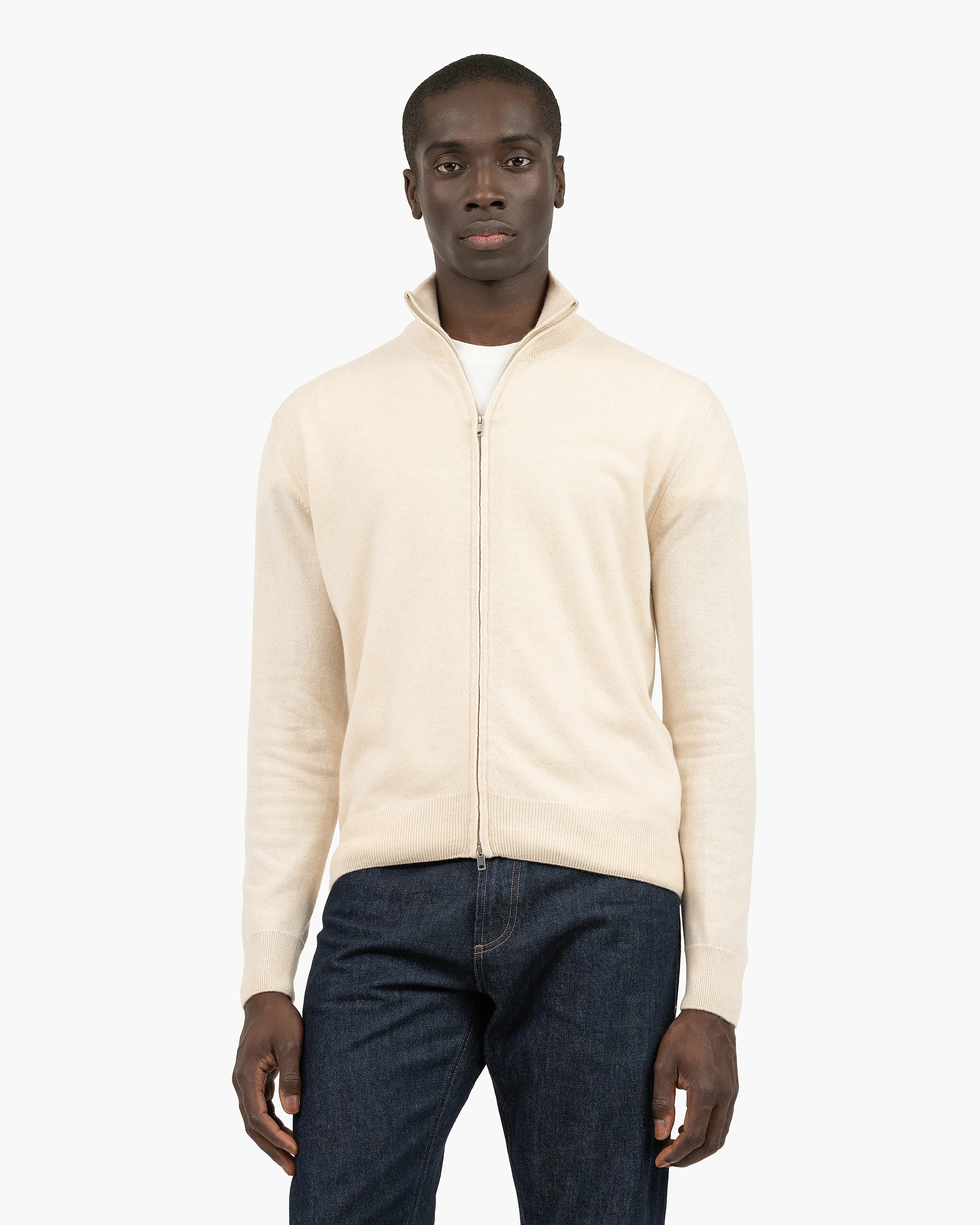 Mens' Classic Zip Cardigan - Light Beige Cashmere