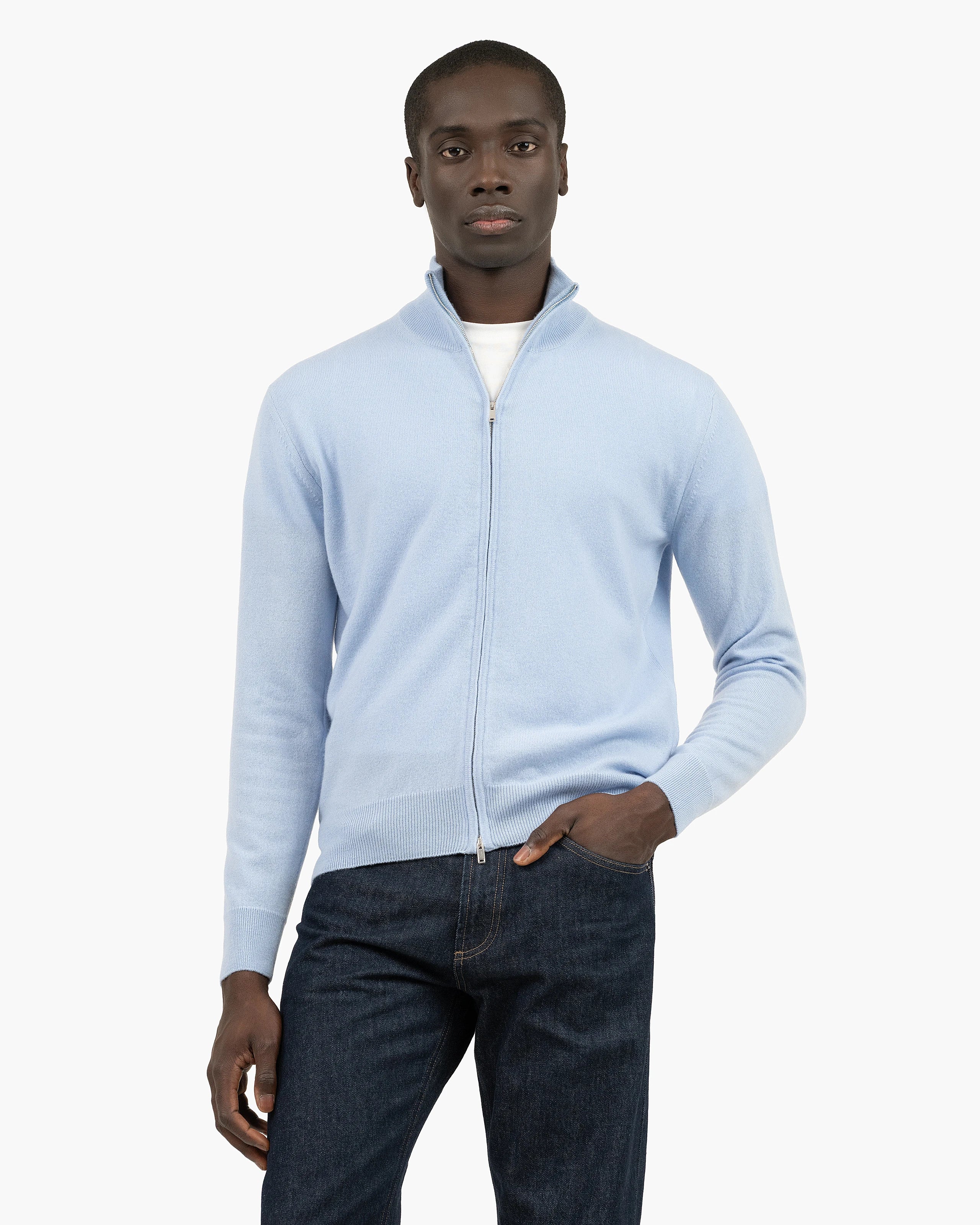 Mens' Classic Zip Cardigan - Light Blue Cashmere