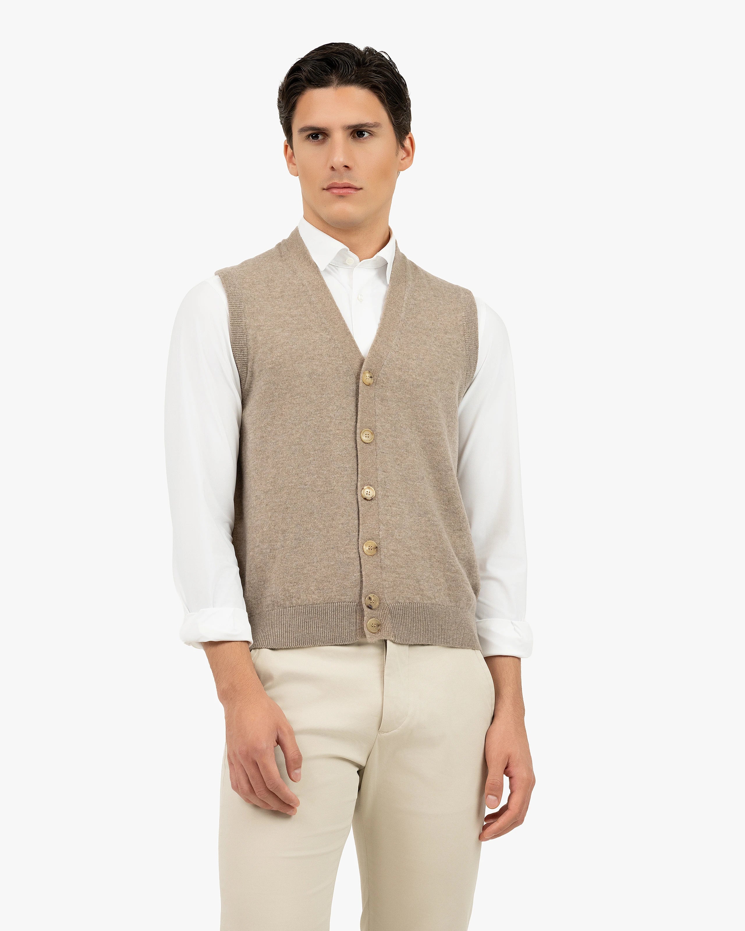 Men's Sevile Cashmere Cardigan Vest - Taupe | MaisonCashmere