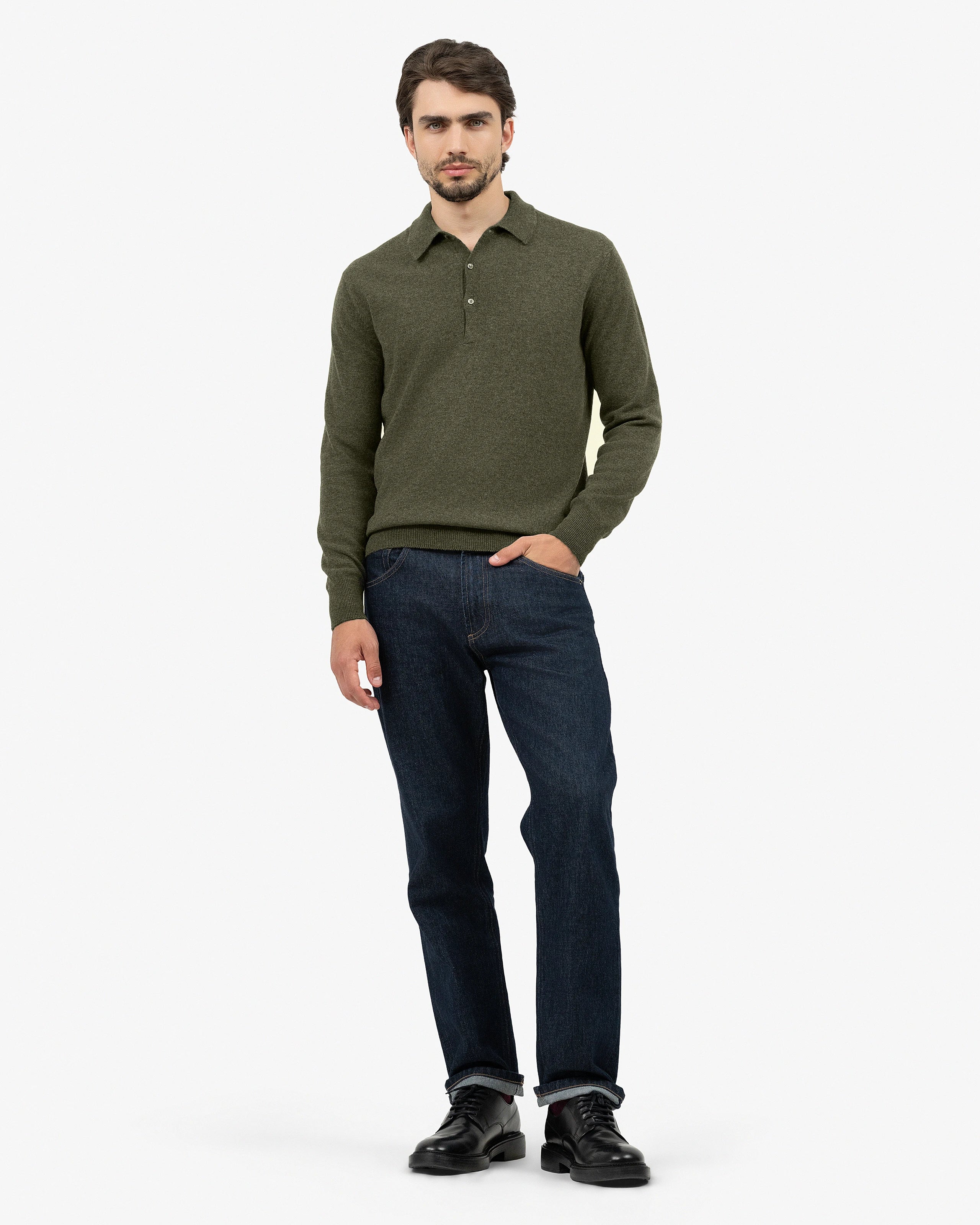 Men's Classic Polo Sweater - Green Cashmere