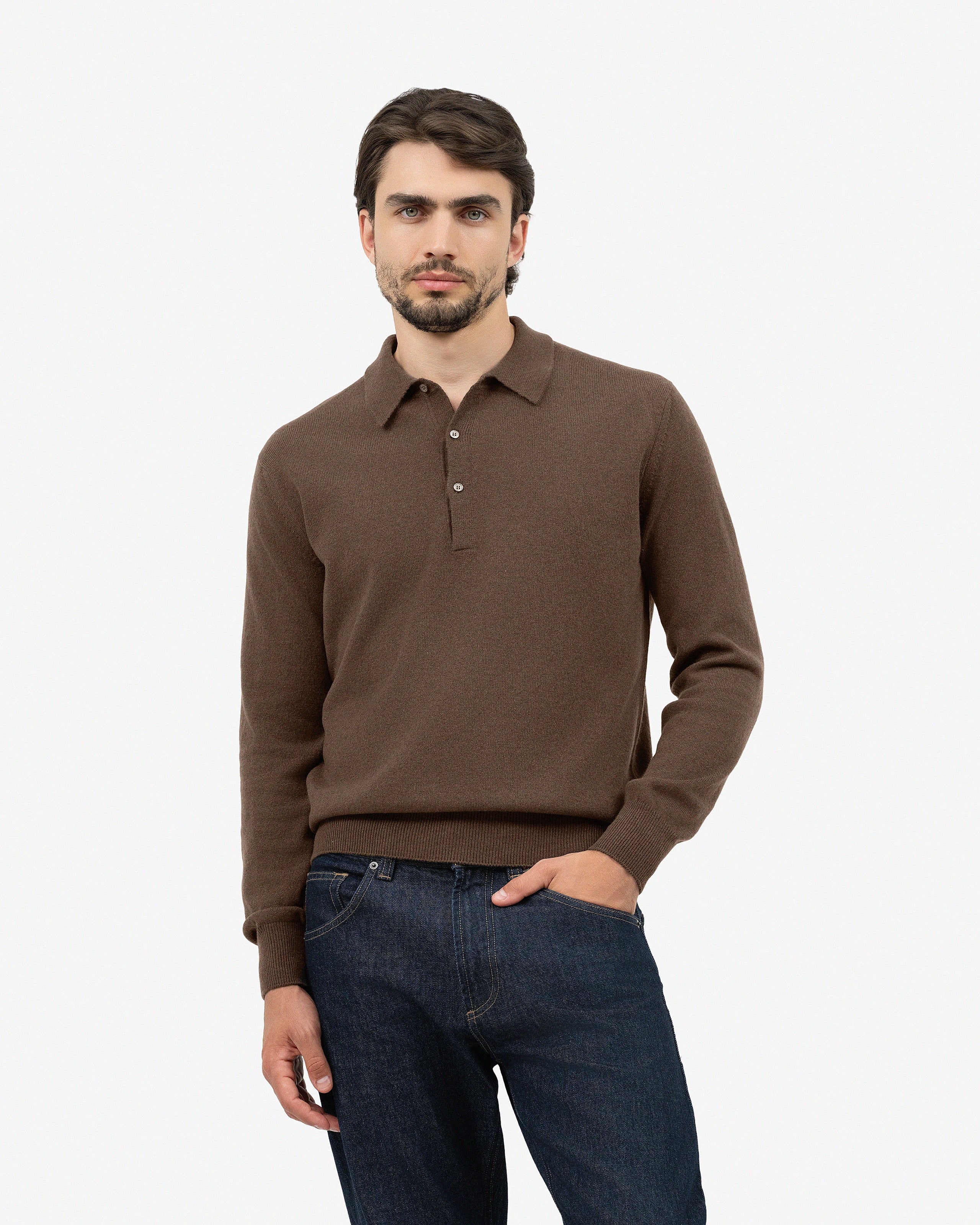 Men's Classic Polo Sweater - Brown Cashmere
