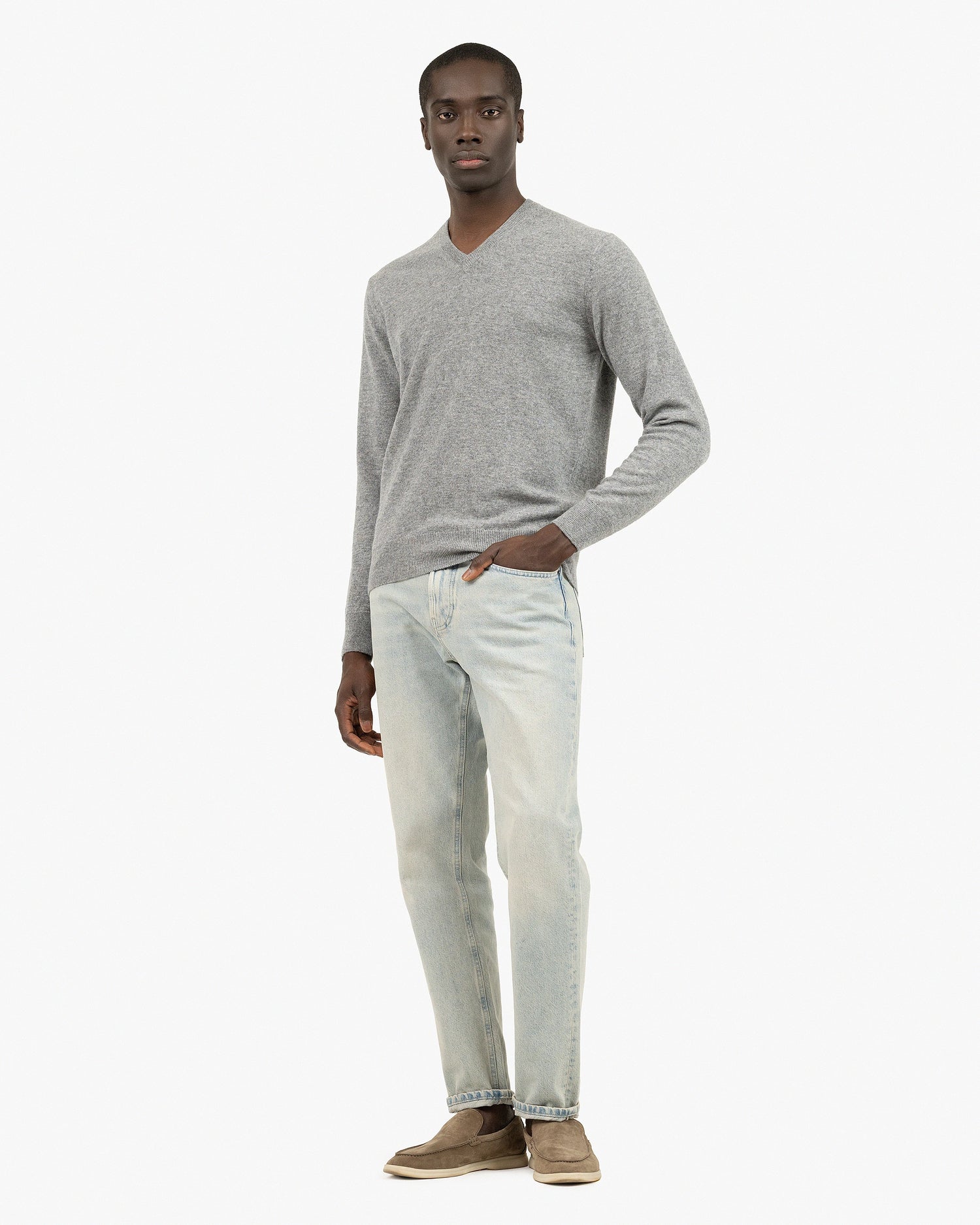 Pull Col V Classic Cachemire Homme Gris Moyen MaisonCashmere