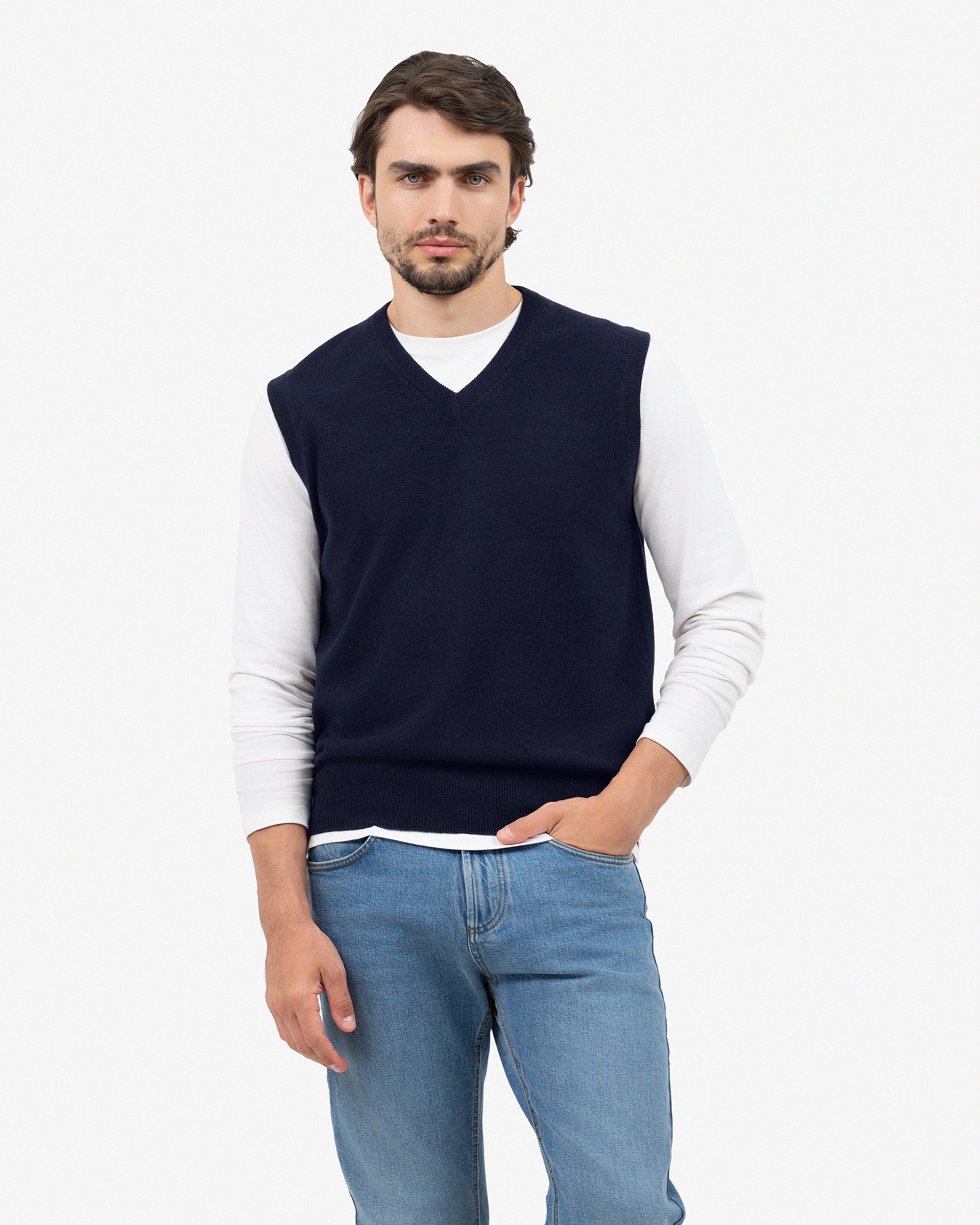 Men's Classic V-Neck Vest - Night Blue Cashmere