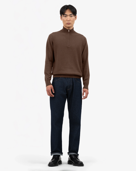 Men's Cashmere Half-Zip Mock Neck Sweater - Brown | MaisonCashmere