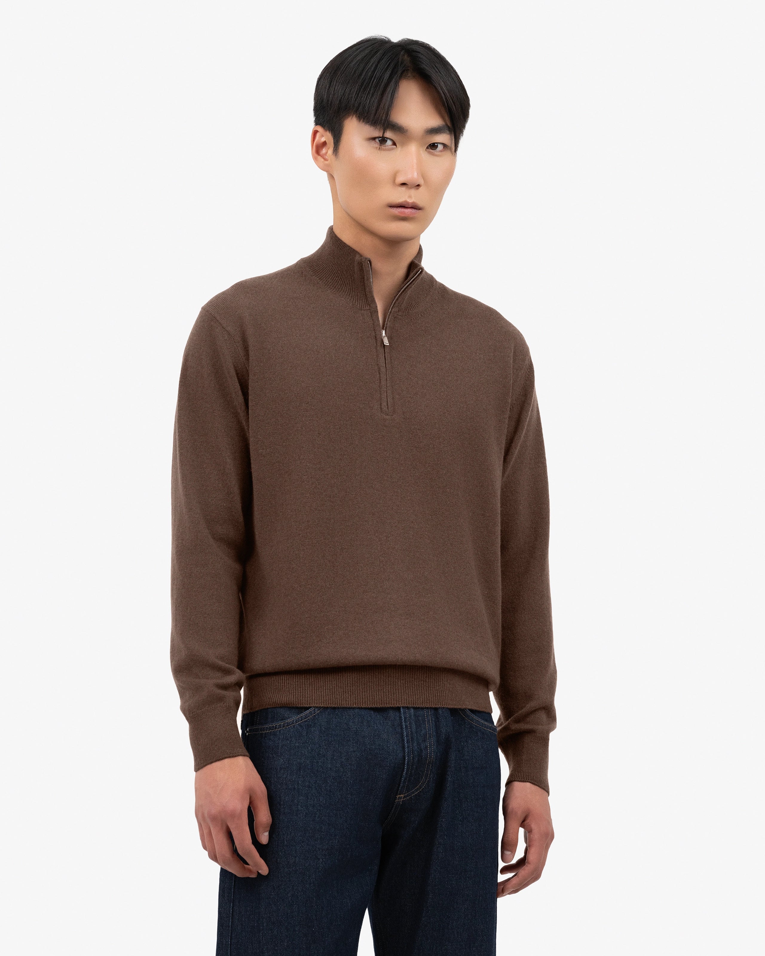Men's Classic Half-Zip Mock Neck - Brown Cashmere