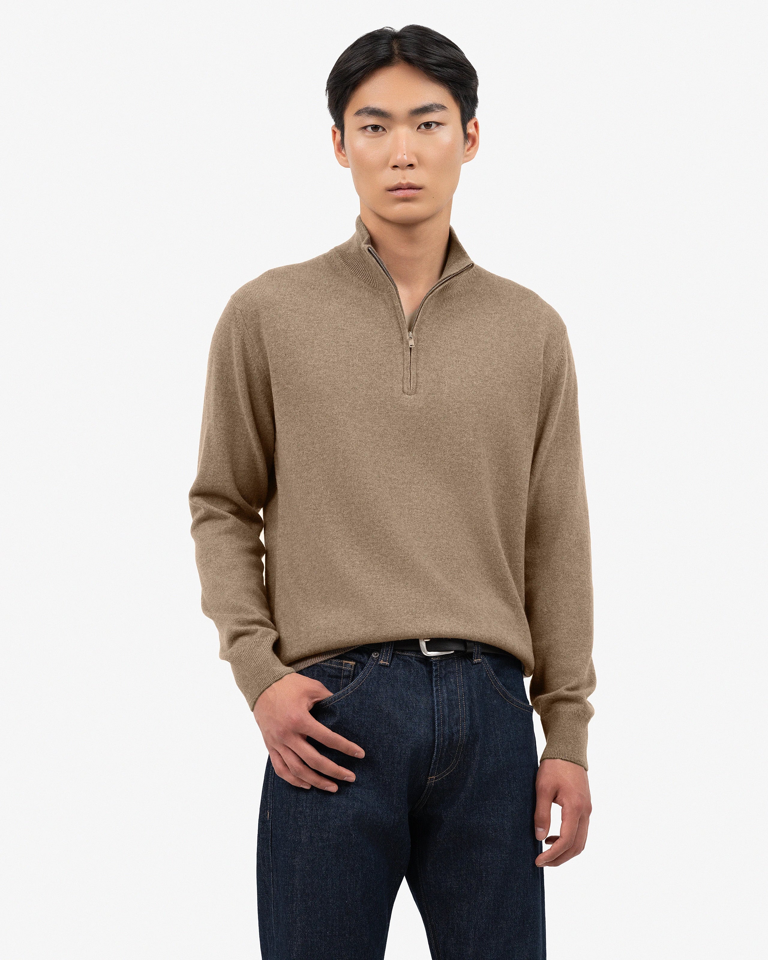 Men's Classic Half-Zip Mock Neck - Light Brown Cashmere