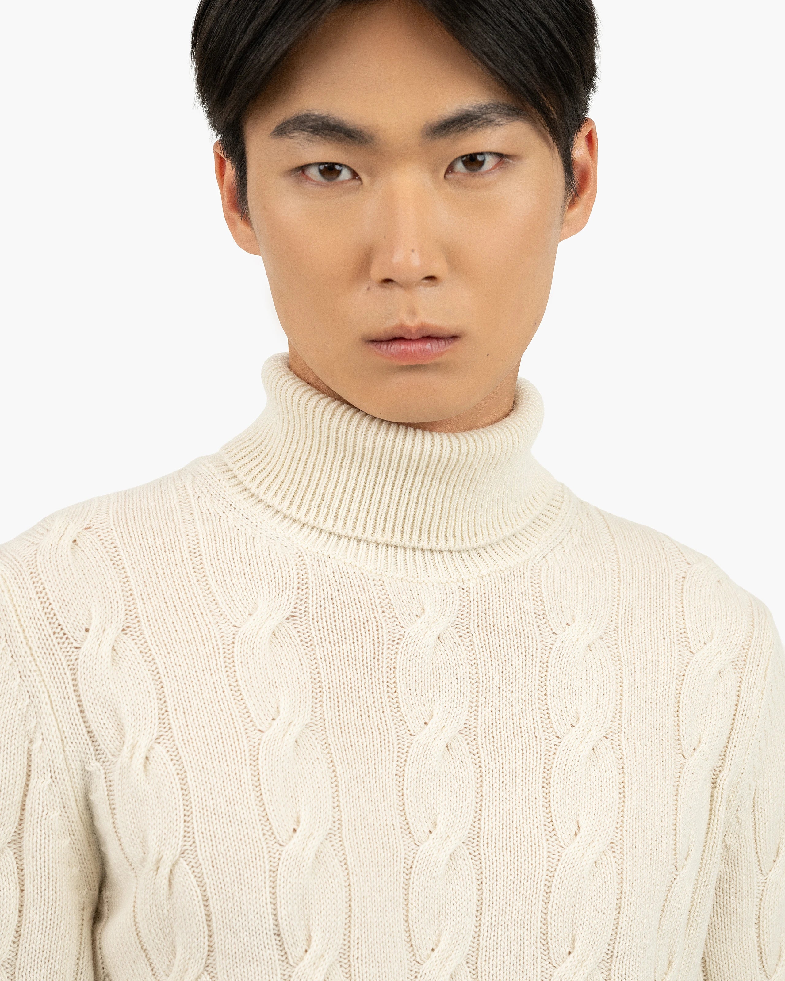 Men's Faloria Cable Turtleneck - White Cashmere