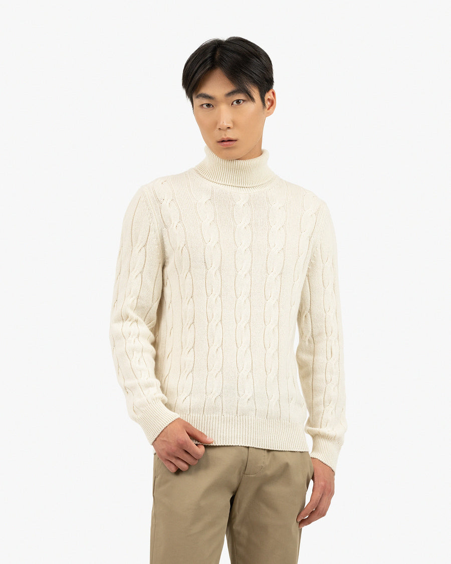 Men's Faloria Cable Turtleneck - White Cashmere