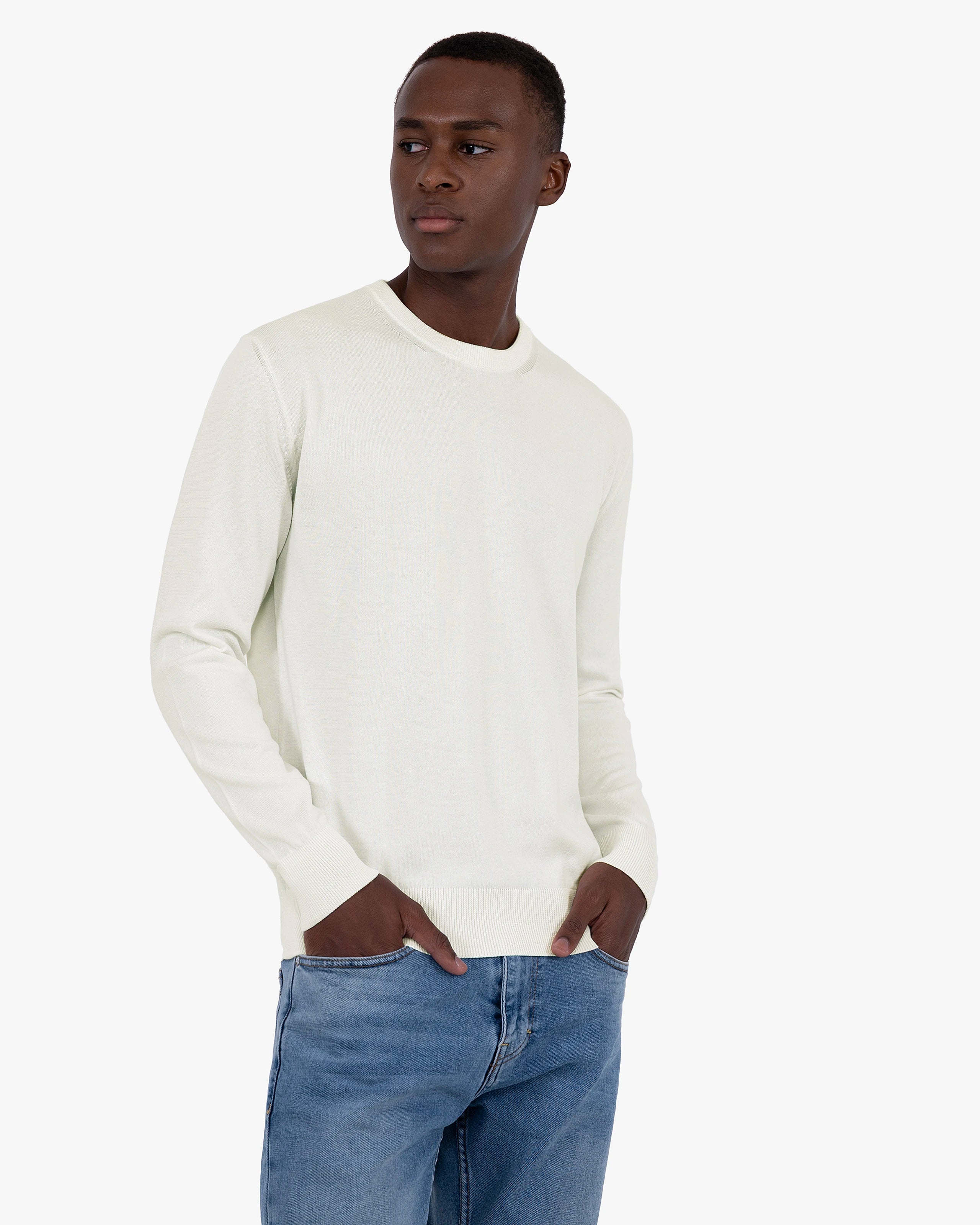 Men's Giza Cotton Crew Neck Sweater - White | MaisonCashmere Men's Giza Cotton Crew Neck Sweater - White | MaisonCashmere