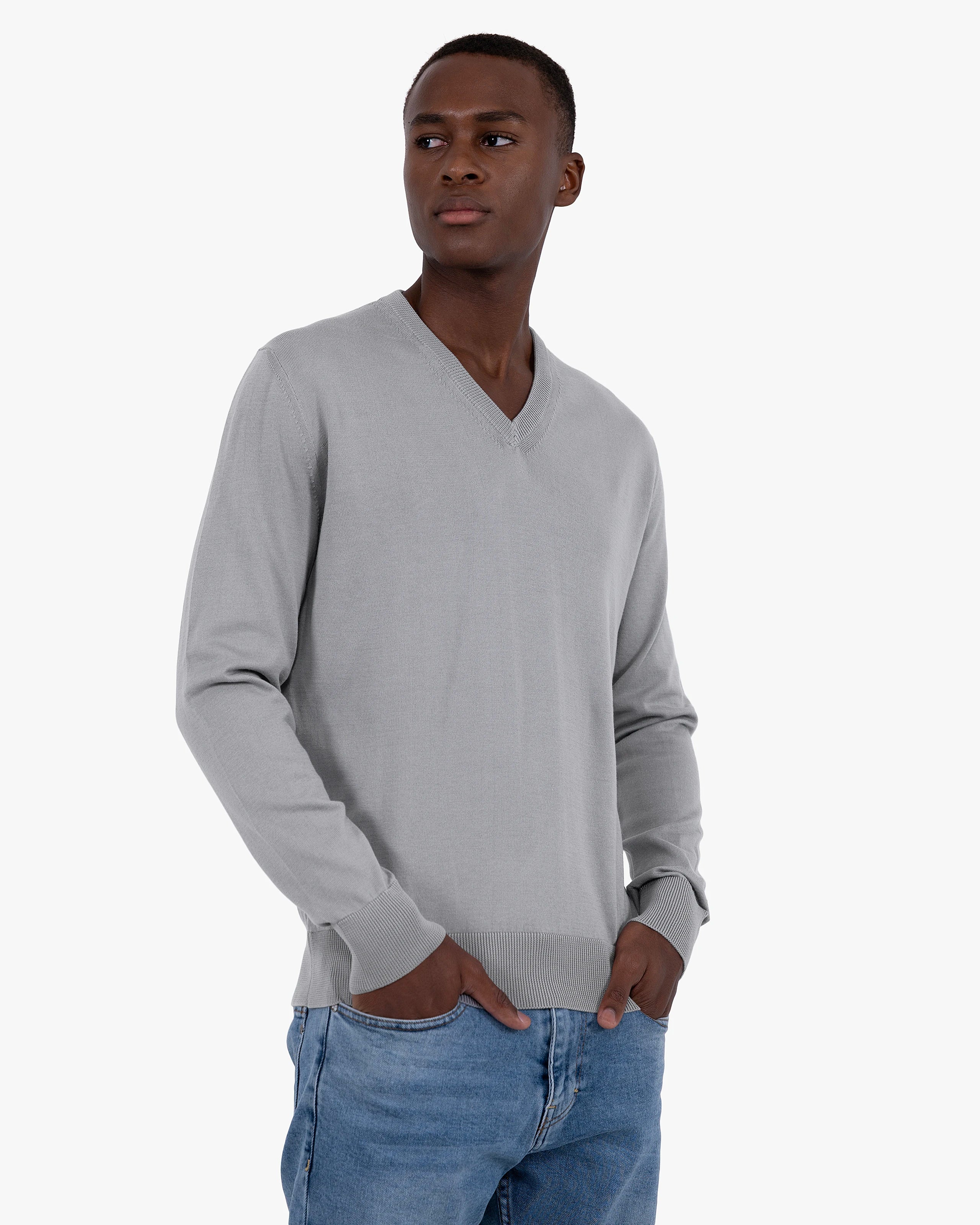 Men's Giza Cotton V-Neck Sweater - Grey | MaisonCashmere