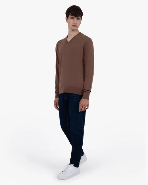 Men's Giza V-Neck Sweater - Brown Cotone