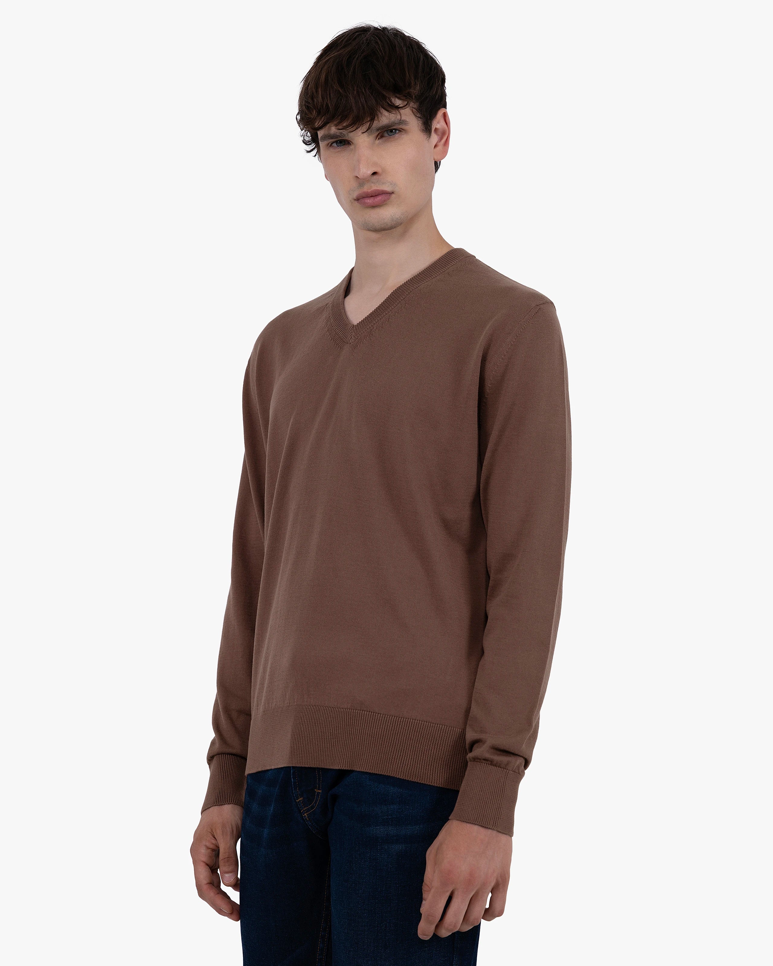 Men's Giza V-Neck Sweater - Brown Cotone