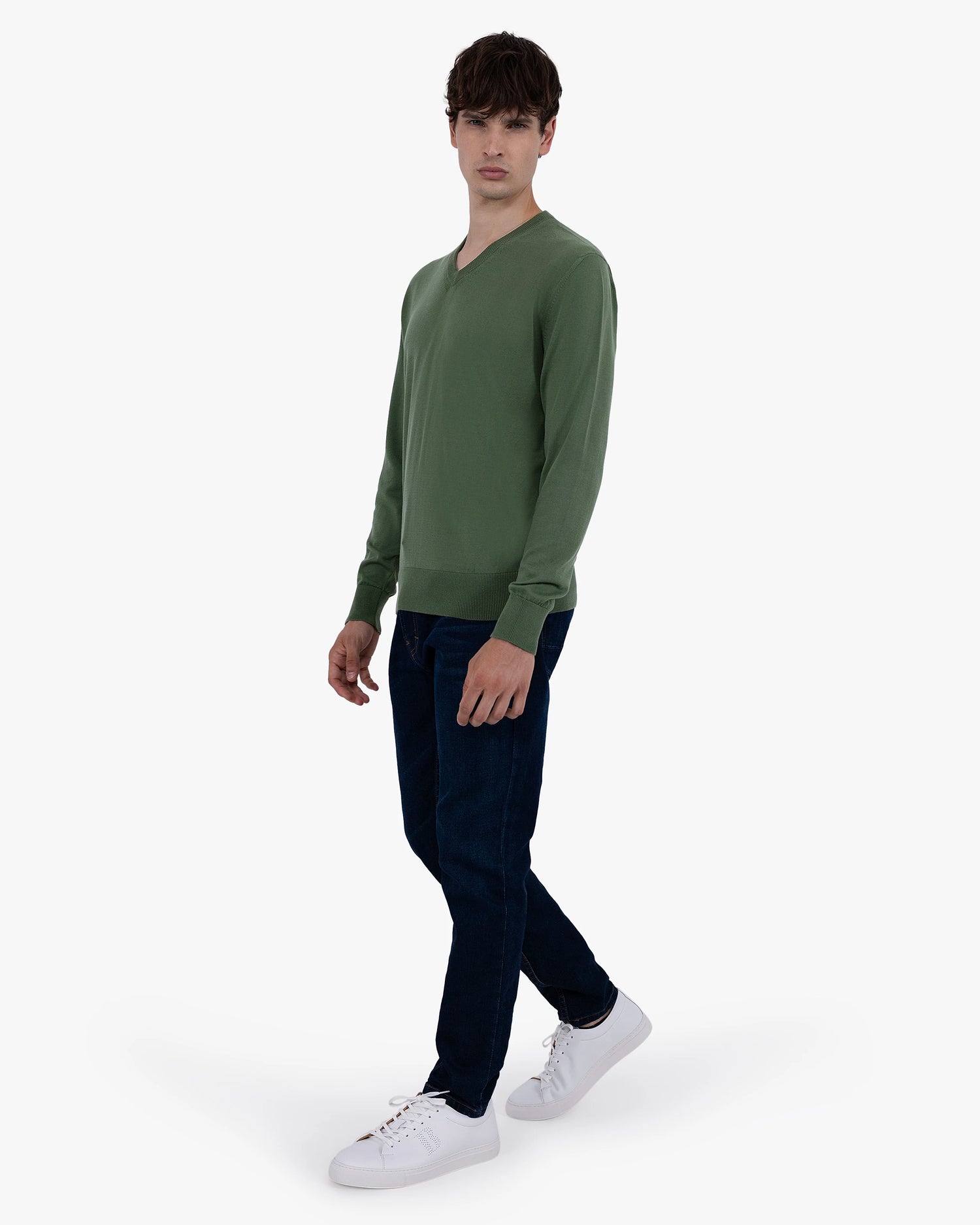 Pull Col V Giza Coton Homme Vert Kaki MaisonCashmere