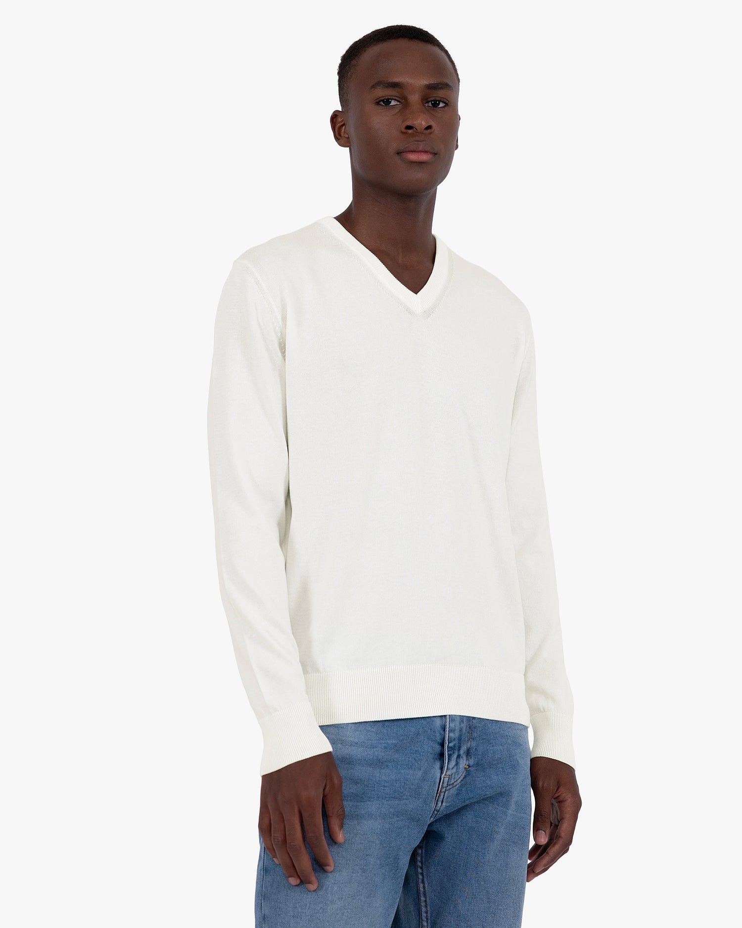 Pull Col V Giza Coton Homme Écru MaisonCashmere