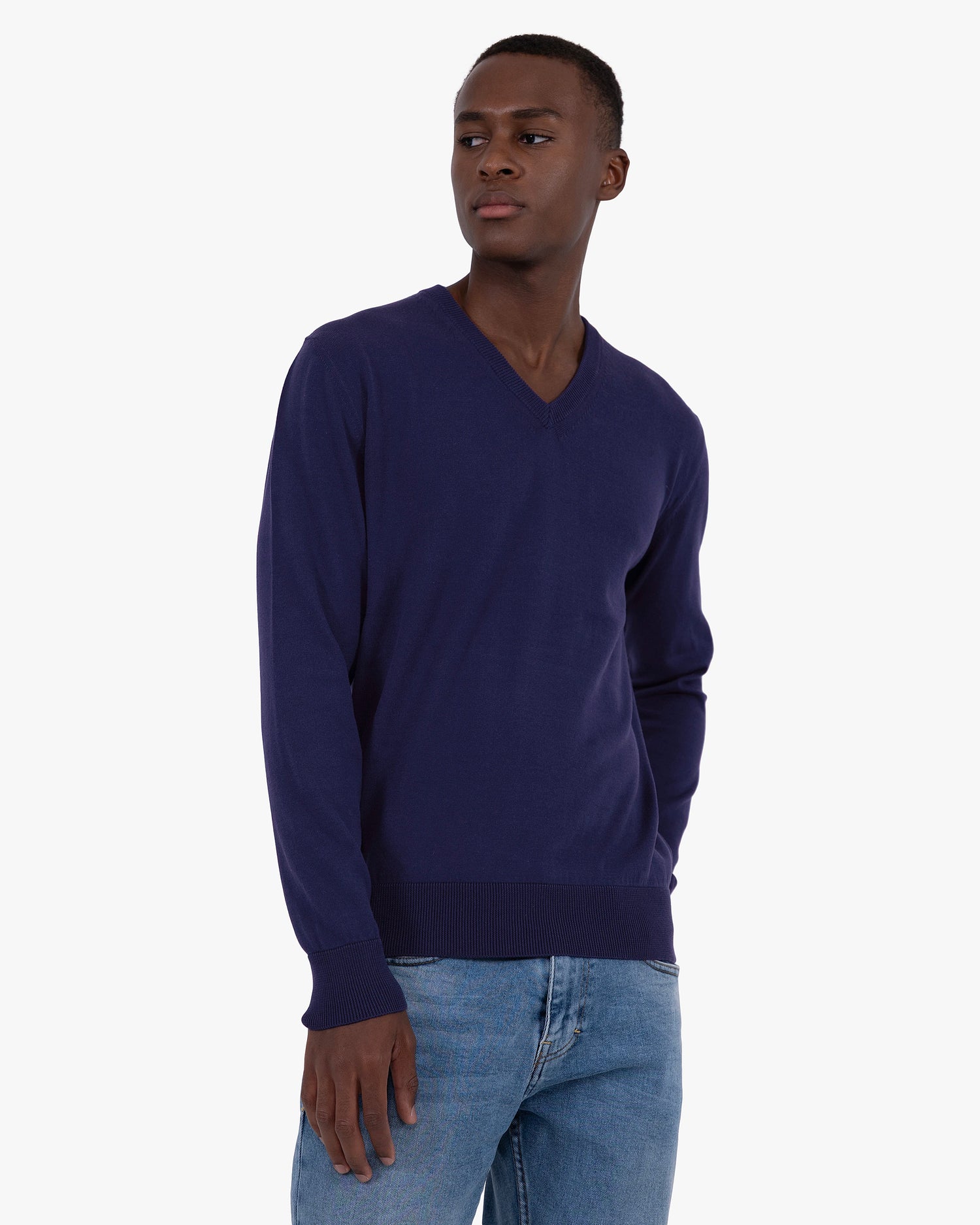 Men's Giza Cotton V-Neck Jumper Night Blue MaisonCashmere
