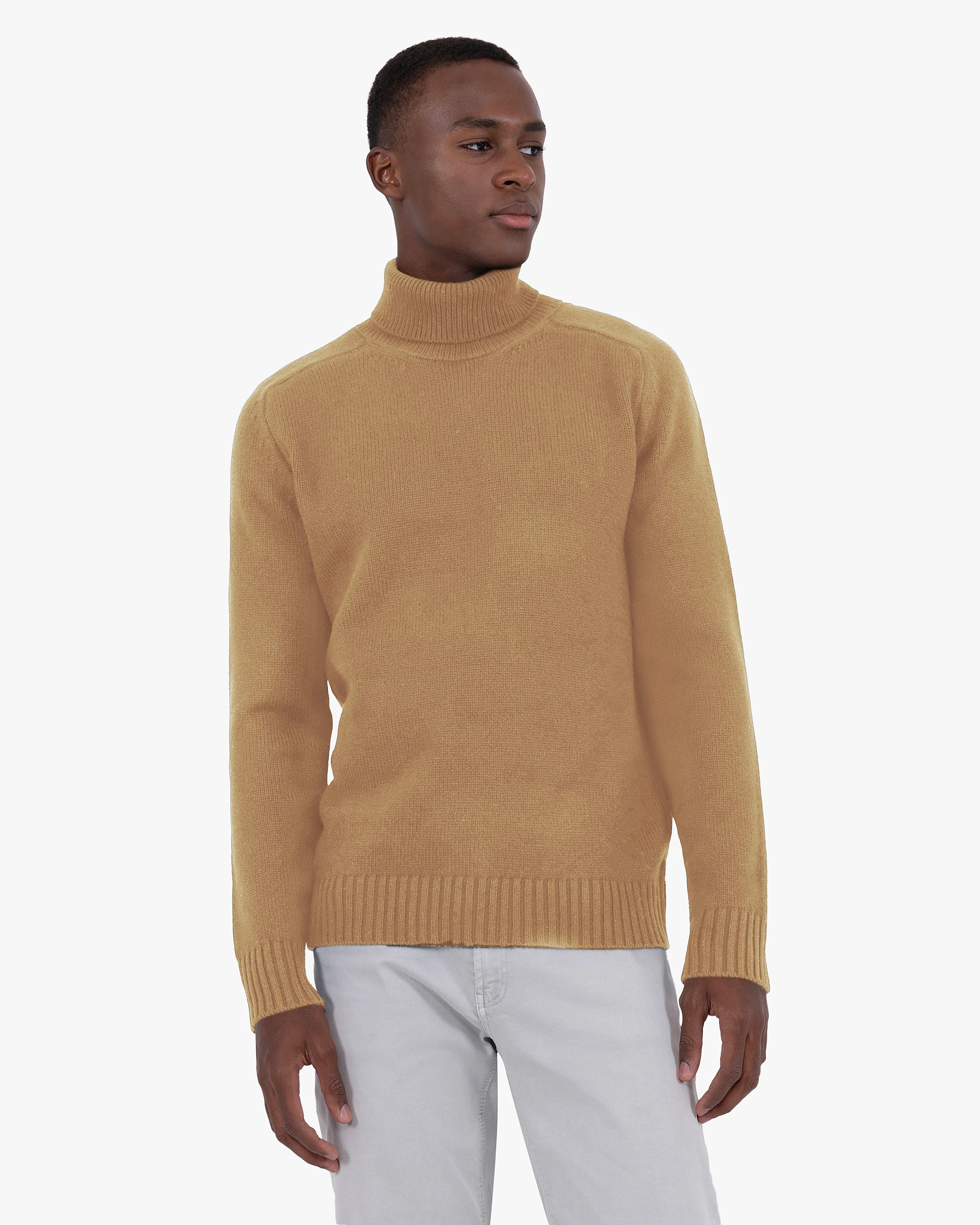 トップス HIGH TWIST WOOL KNIT SHIRT CARDIGAN Men's Moritz Merino Turtleneck Sweater - Hazelnut | MaisonCashmere