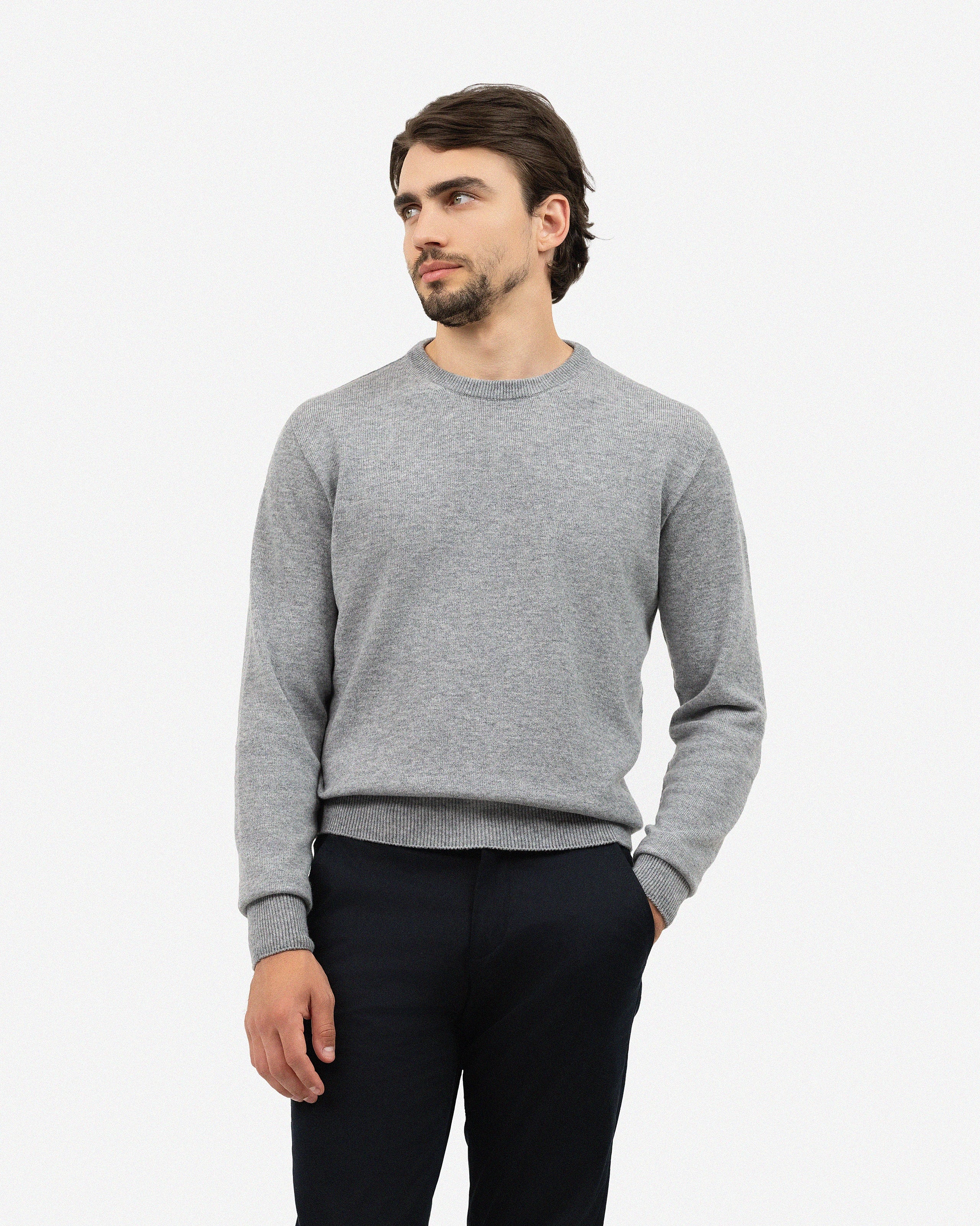 Men's Saxon Merino Crew Neck Sweater - Medium Grey | MaisonCashmere