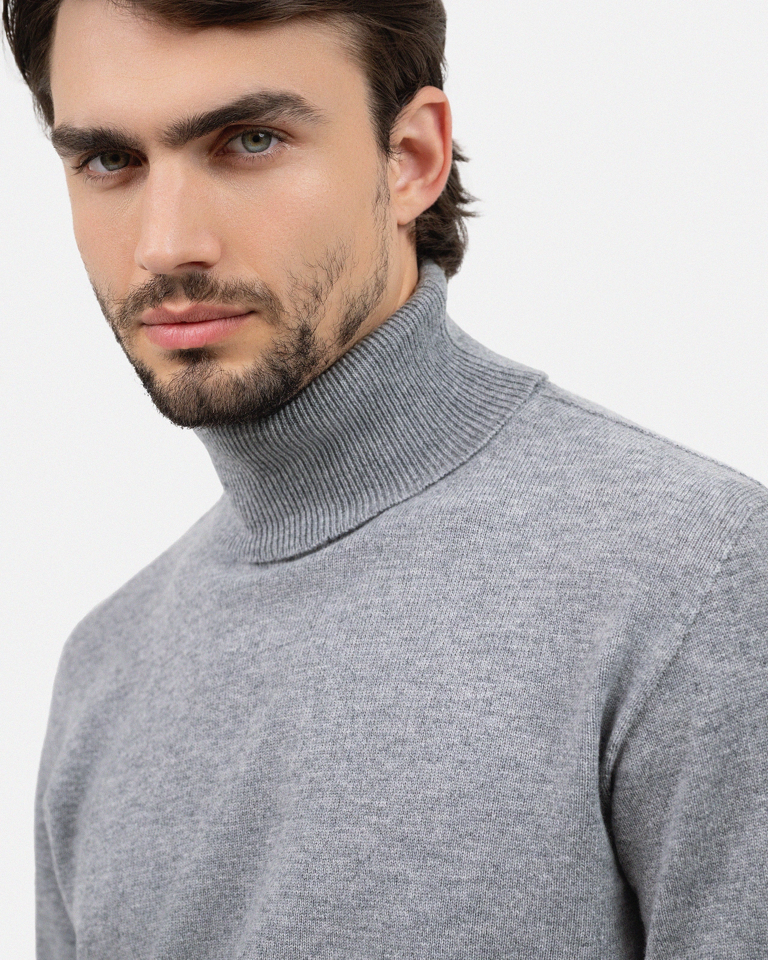 Men's Saxon Merino Turtleneck Sweater - Medium Grey | MaisonCashmere