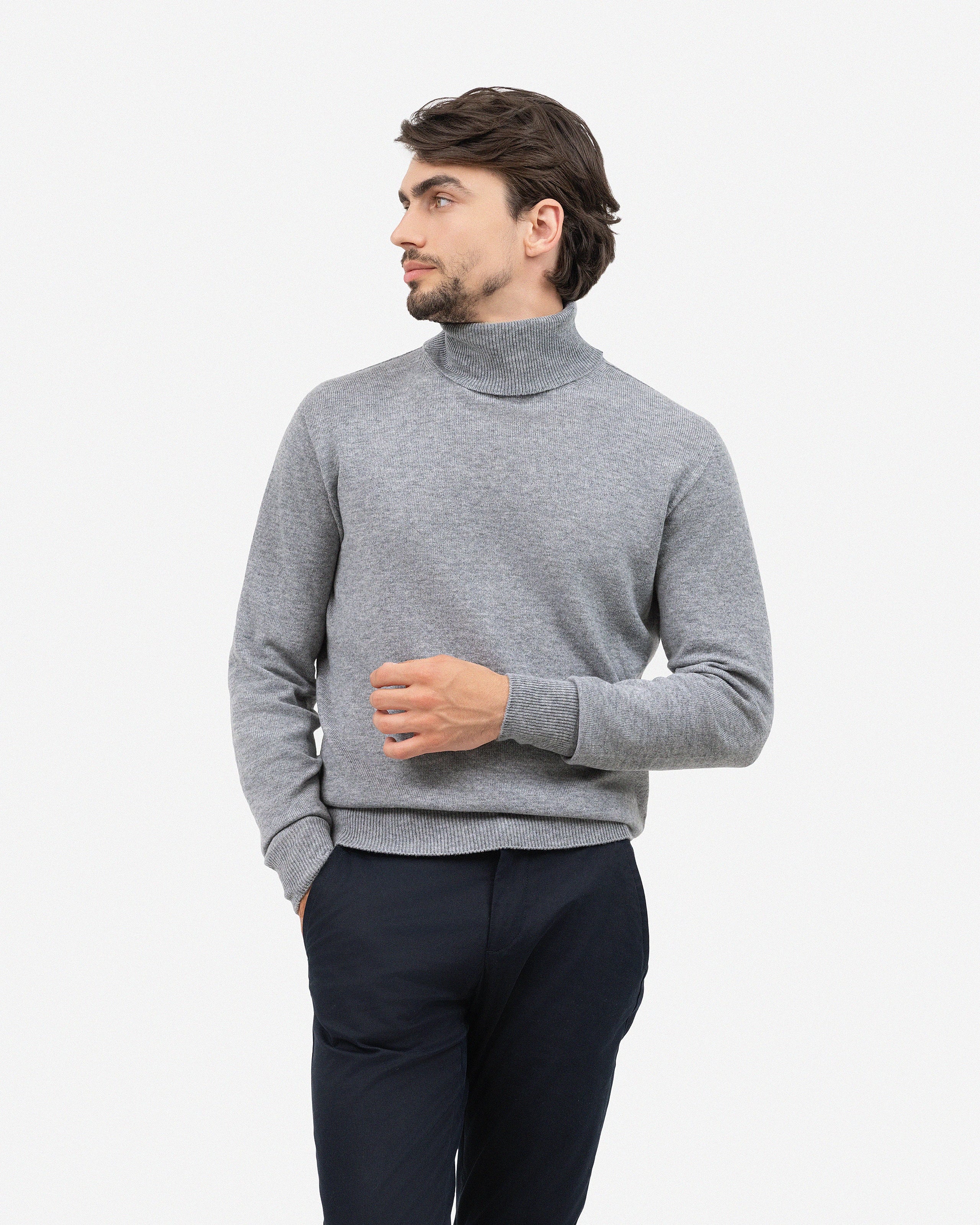 Men's Saxon Merino Turtleneck Sweater - Medium Grey | MaisonCashmere