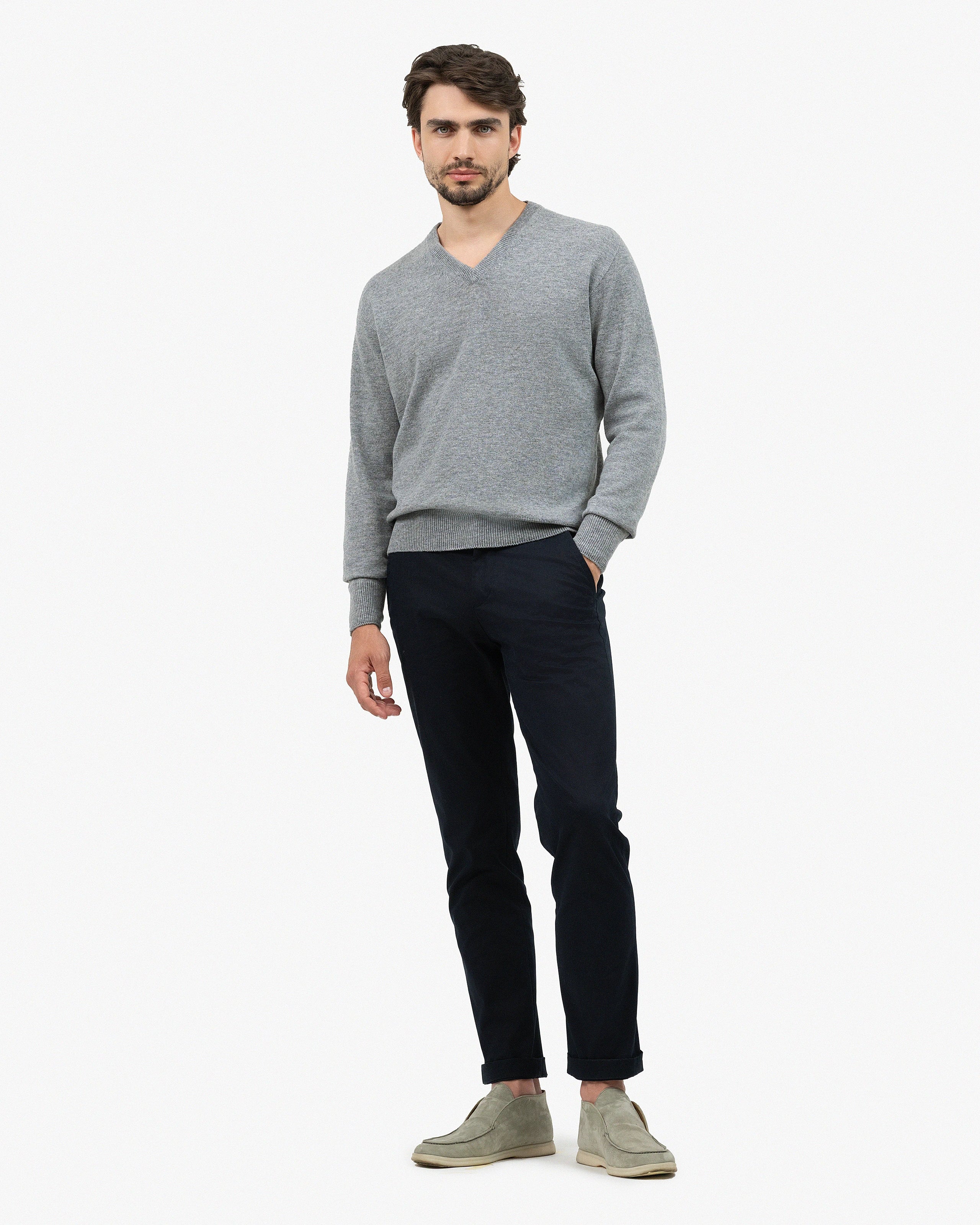 Men's Saxon V-Neck Sweater - Medium Grey Merino