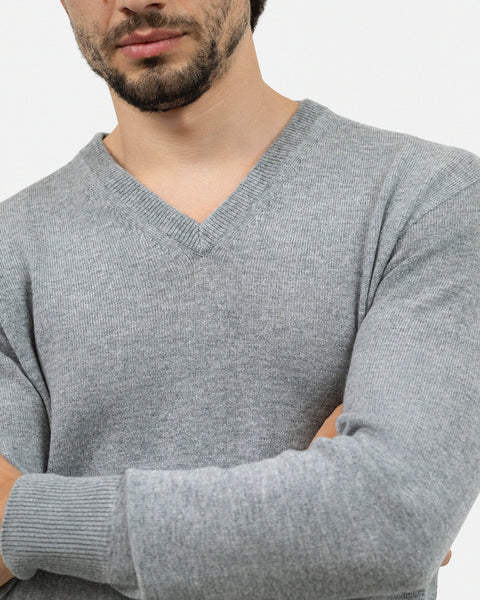 Men's Saxon V-Neck Sweater - Medium Grey Merino