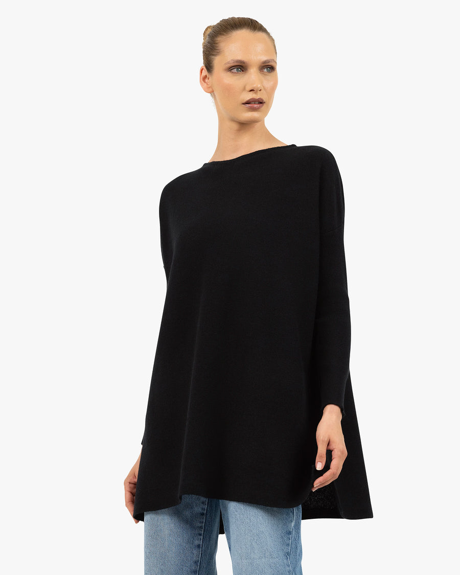Palazzo Maxi Boat Neck Sweater - Black Cashmere