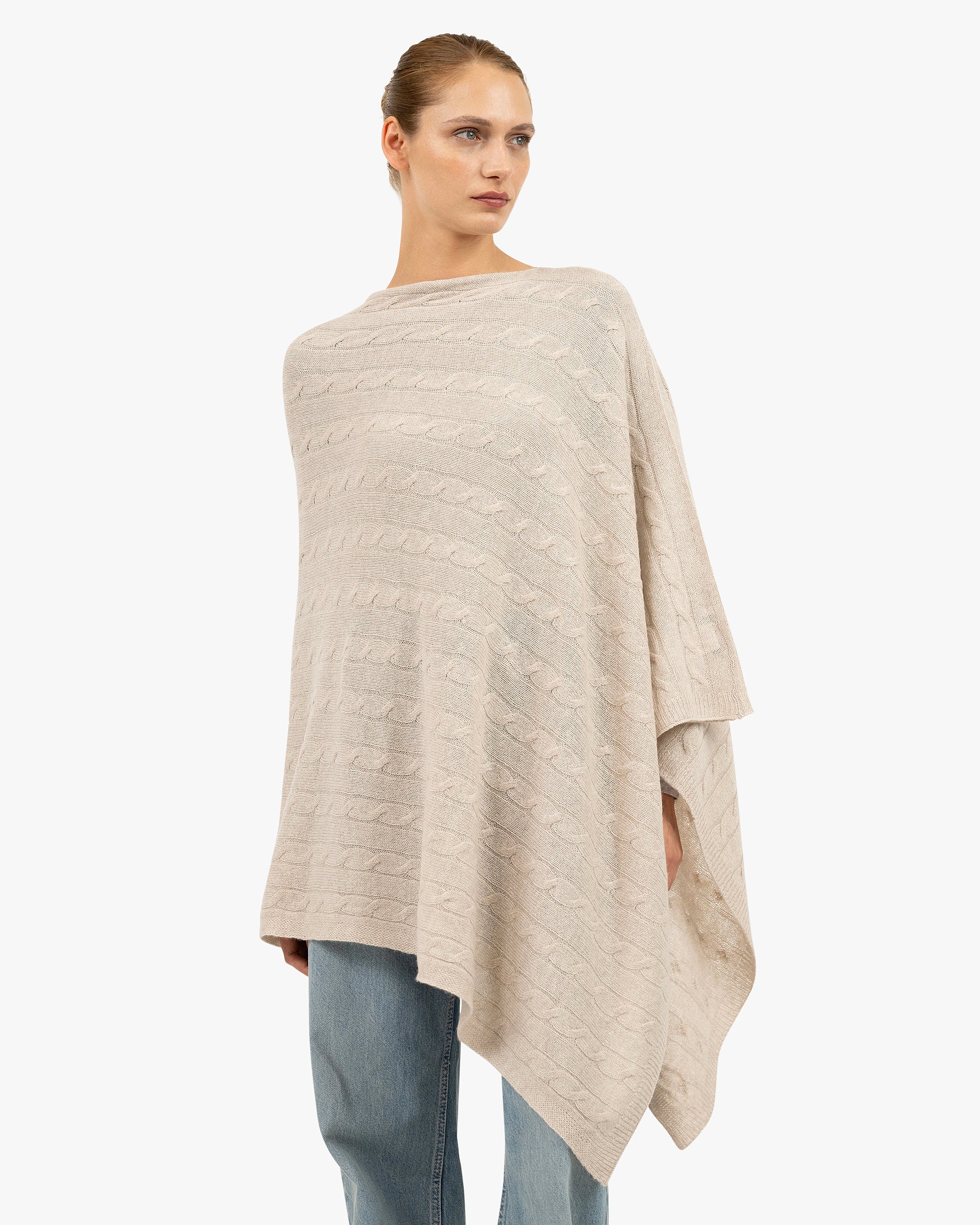 Cable Knit Essential Cashmere Poncho - Beige