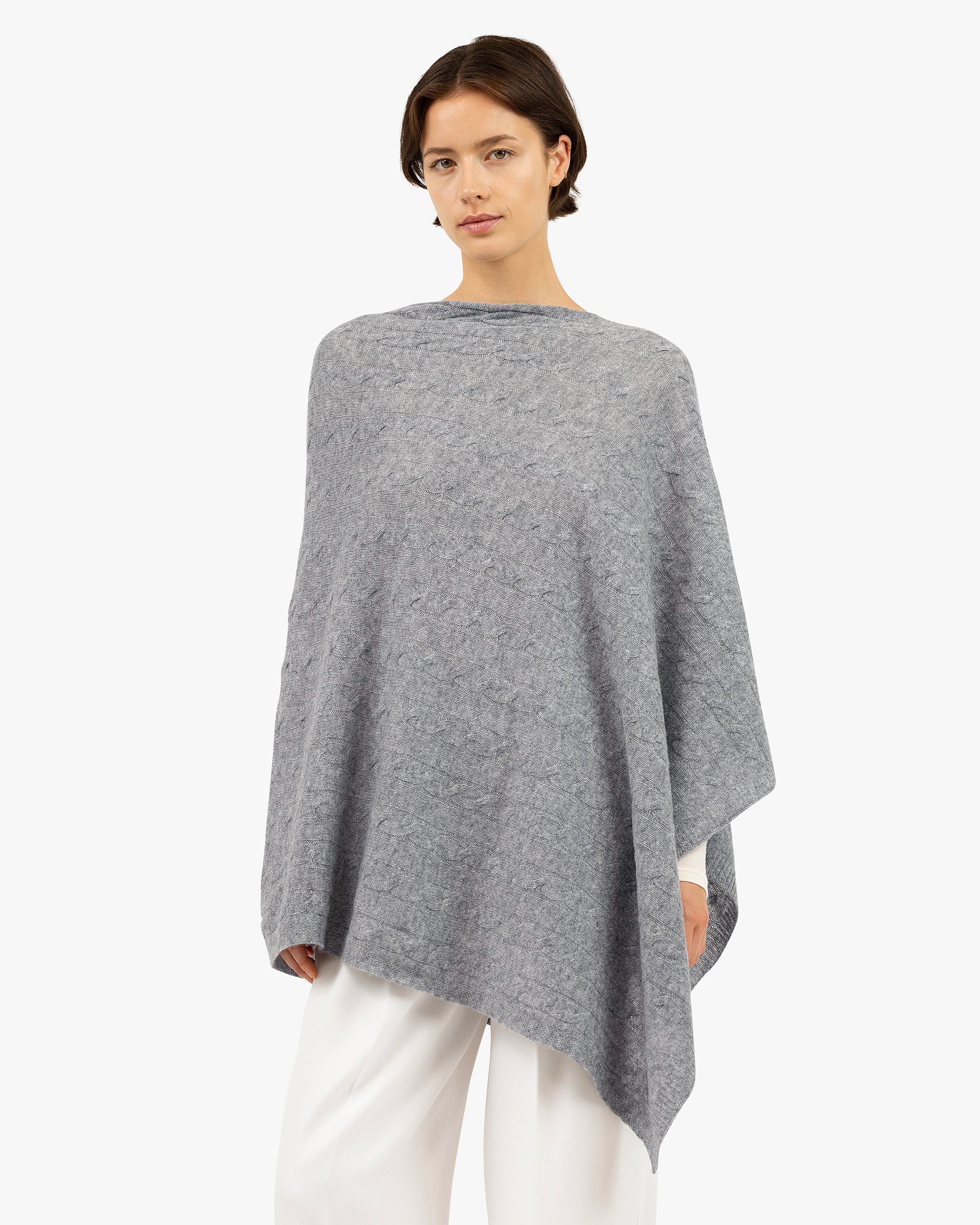 Cable Knit Essential Cashmere Poncho - Medium Grey