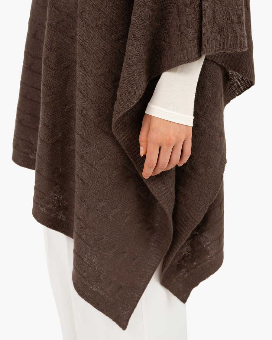 Cable Knit Essential Poncho - Brown Cashmere