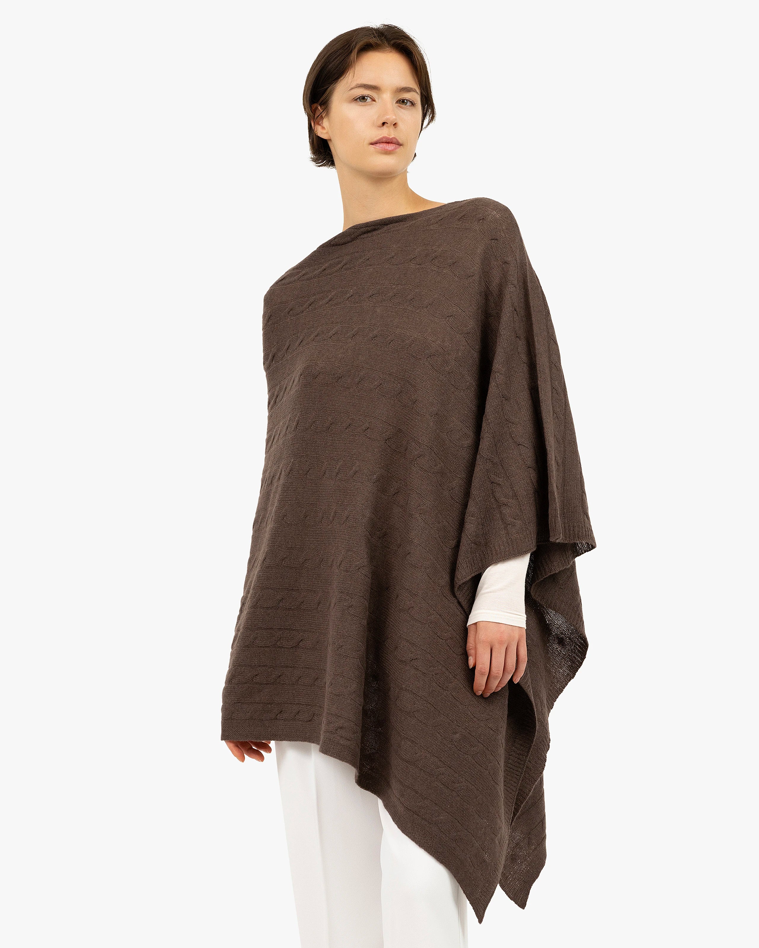 Cable Knit Essential Cashmere Poncho - Brown