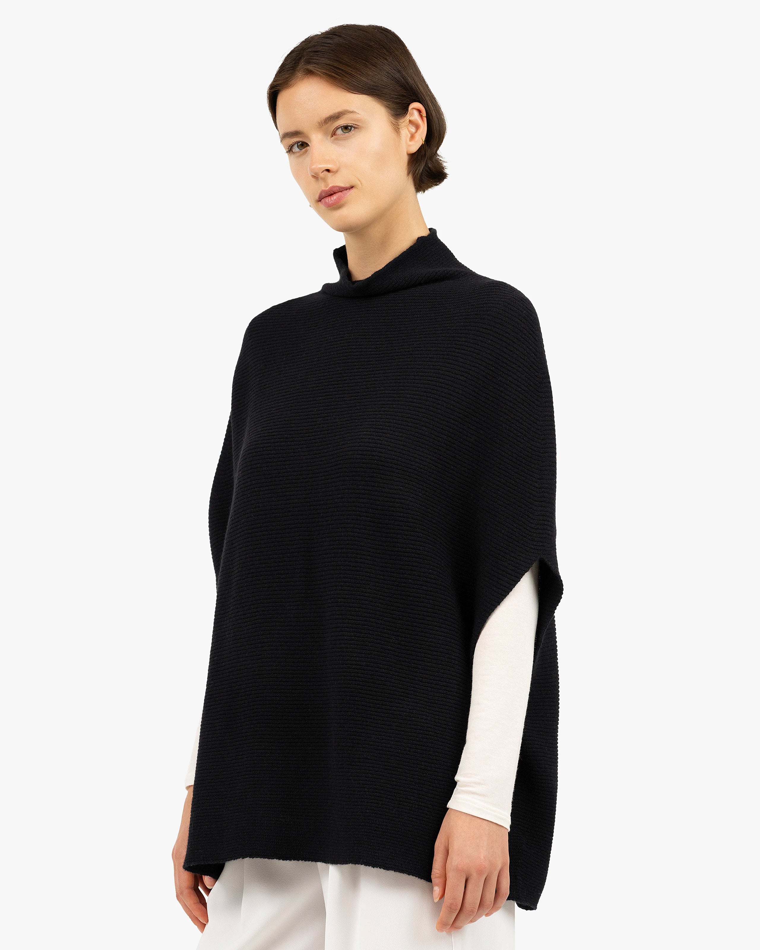 Mock Neck Cape Poncho - Black Cashmere