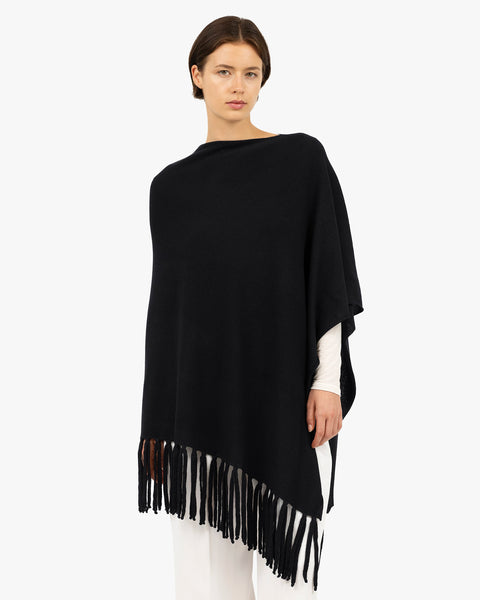 Fringed Cashmere Poncho - Black | MaisonCashmere