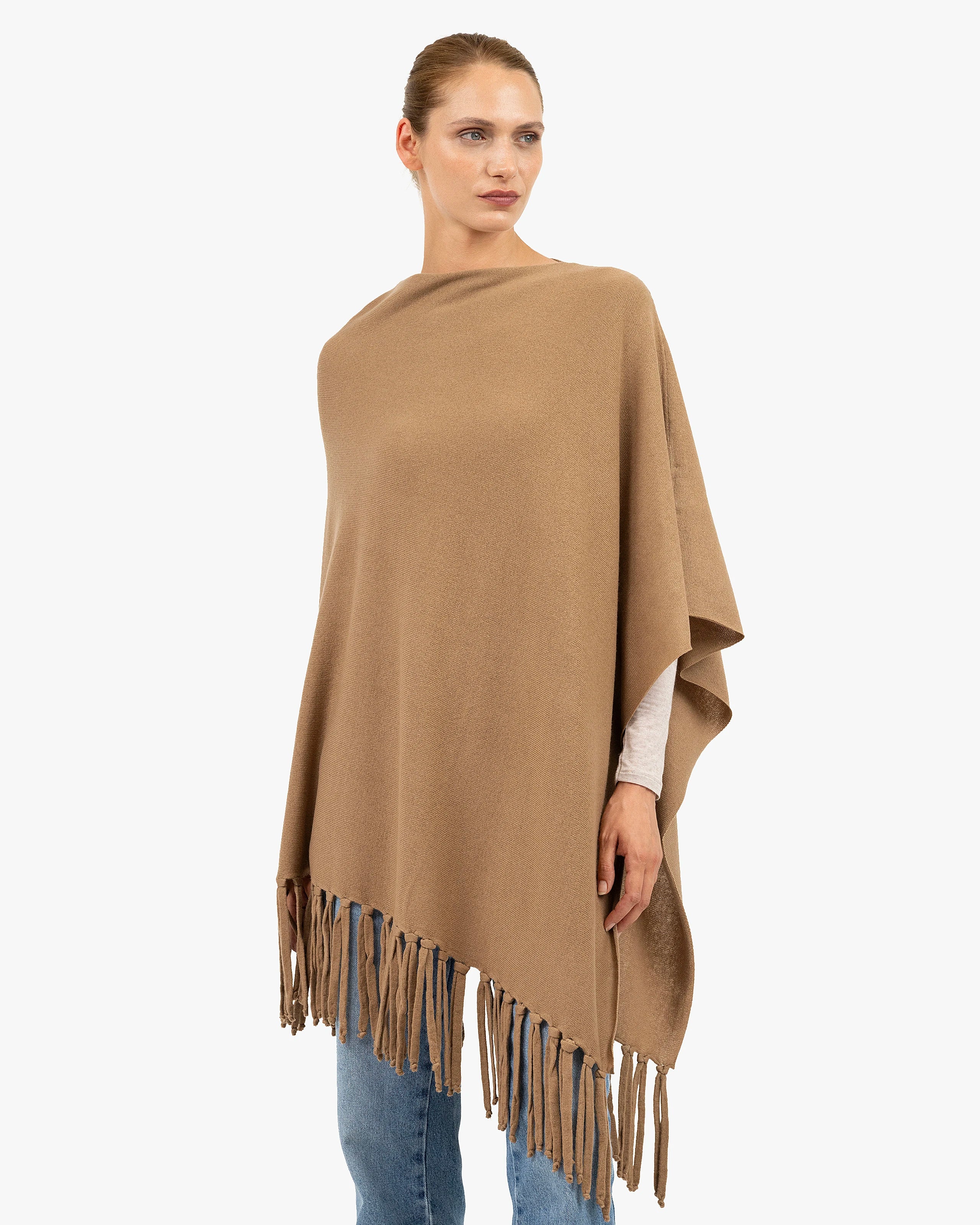 Poncho with Fringes - Camel Cashmere