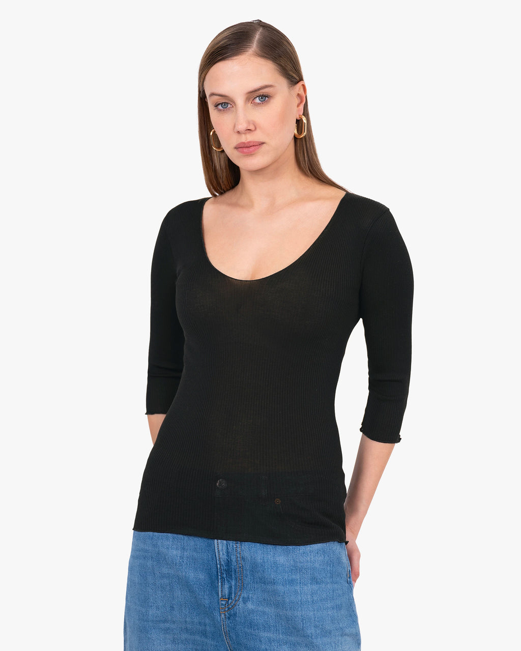 Pleated Scoop Neck Top - Black Cotone / Seta