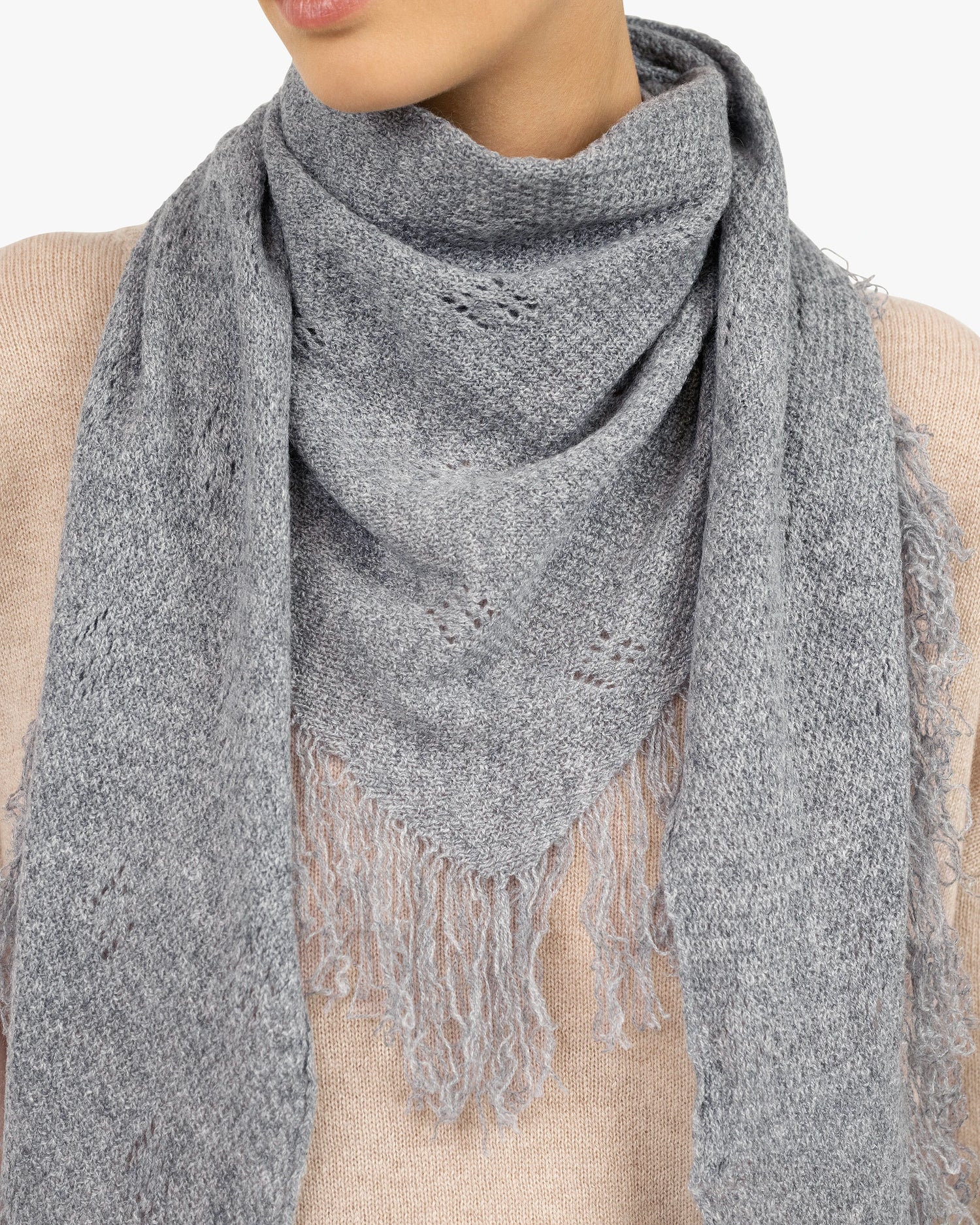 Pointelle Triangle Scarf - Medium Grey Cashmere