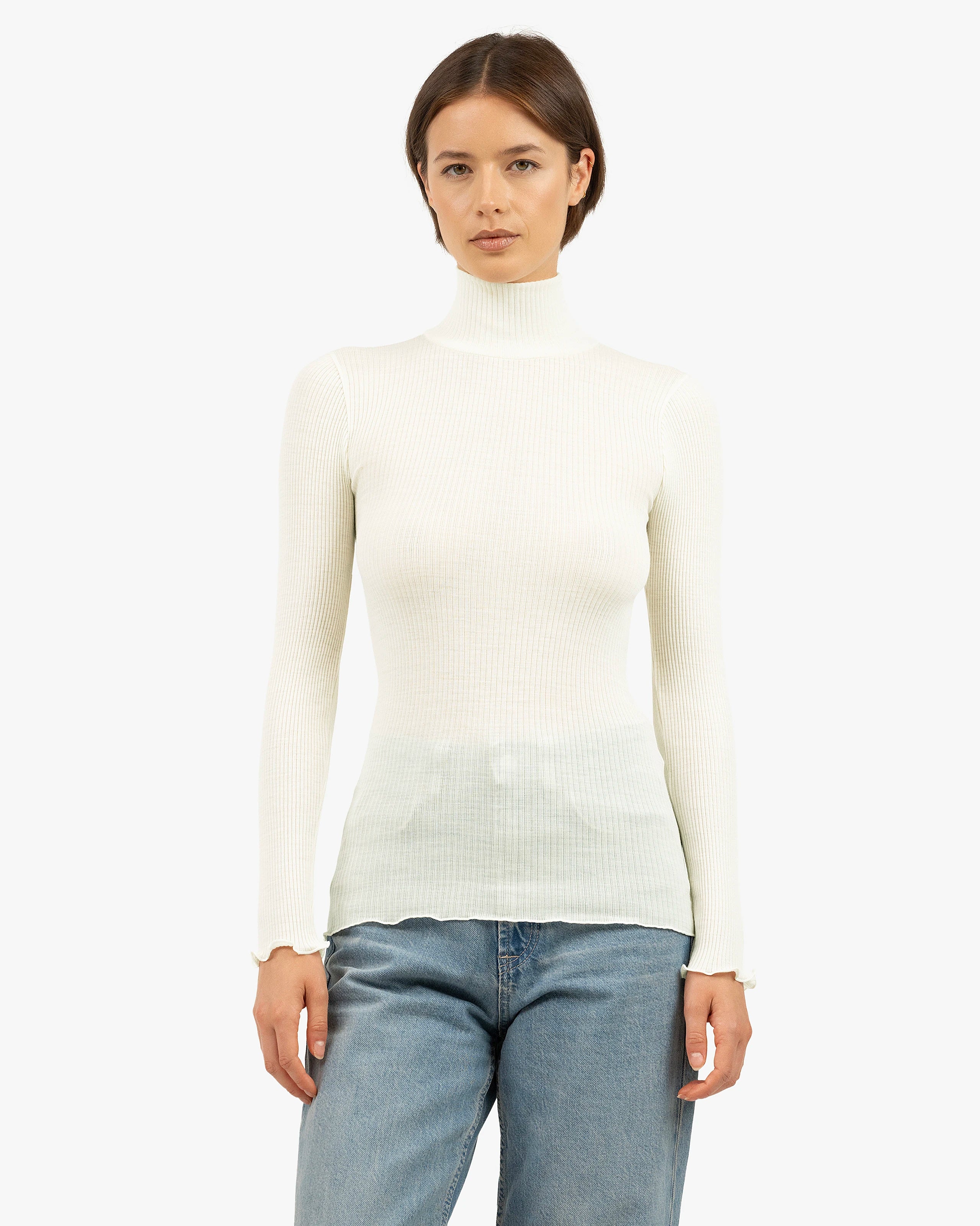 Pleated Turtleneck - White Merino / Seta