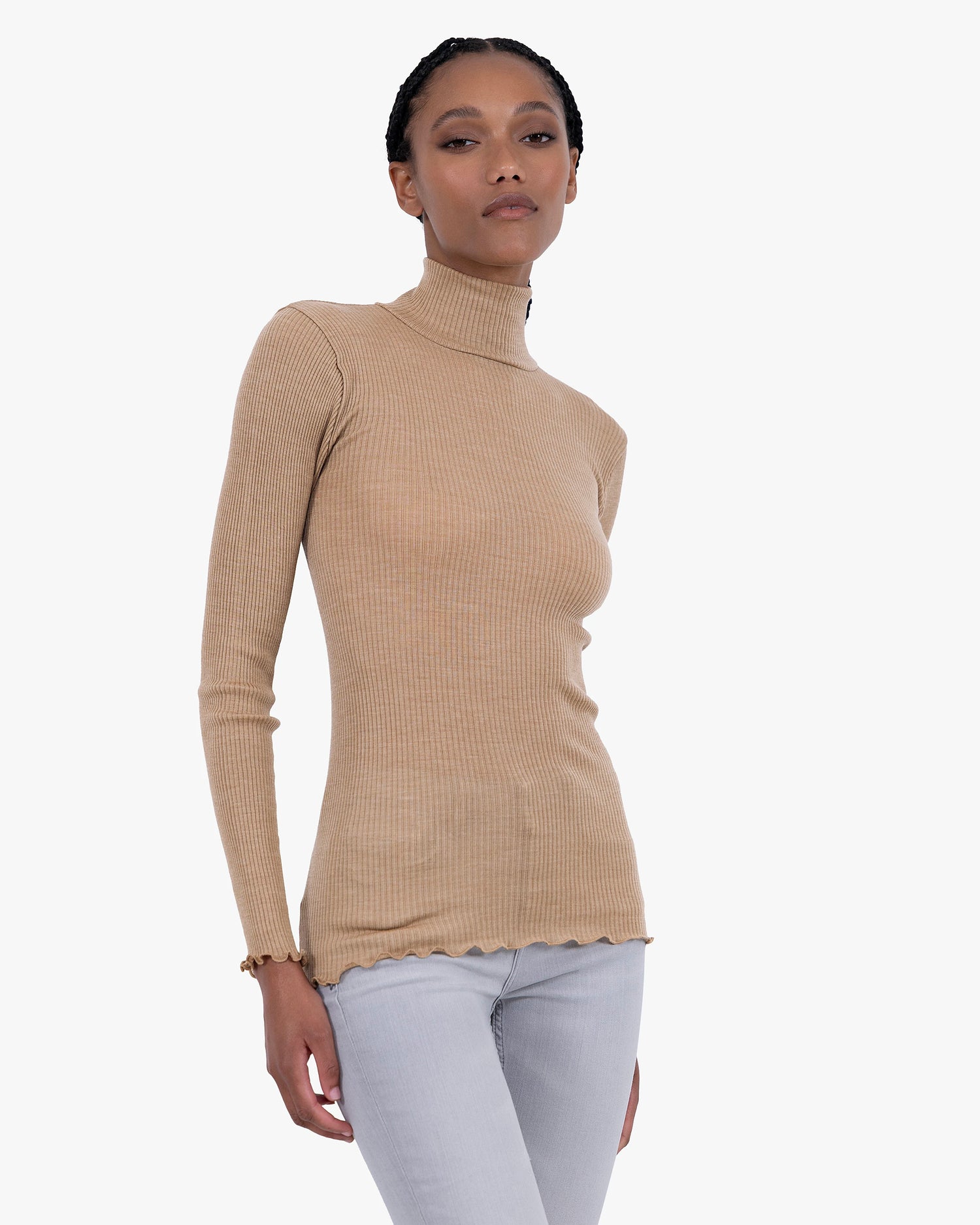 Maglia Intimo Lana Seta Dolcevita Plissé Cammello MaisonCashmere