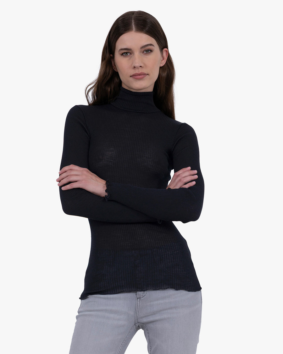 Pleated Turtleneck - Black Merino / Seta