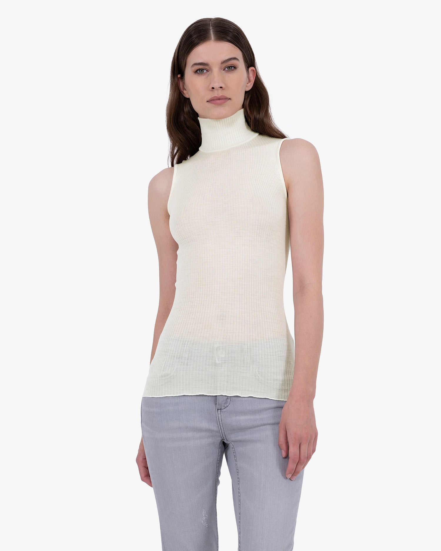 Turtleneck Wool Silk Pleated Tank Top White MaisonCashmere