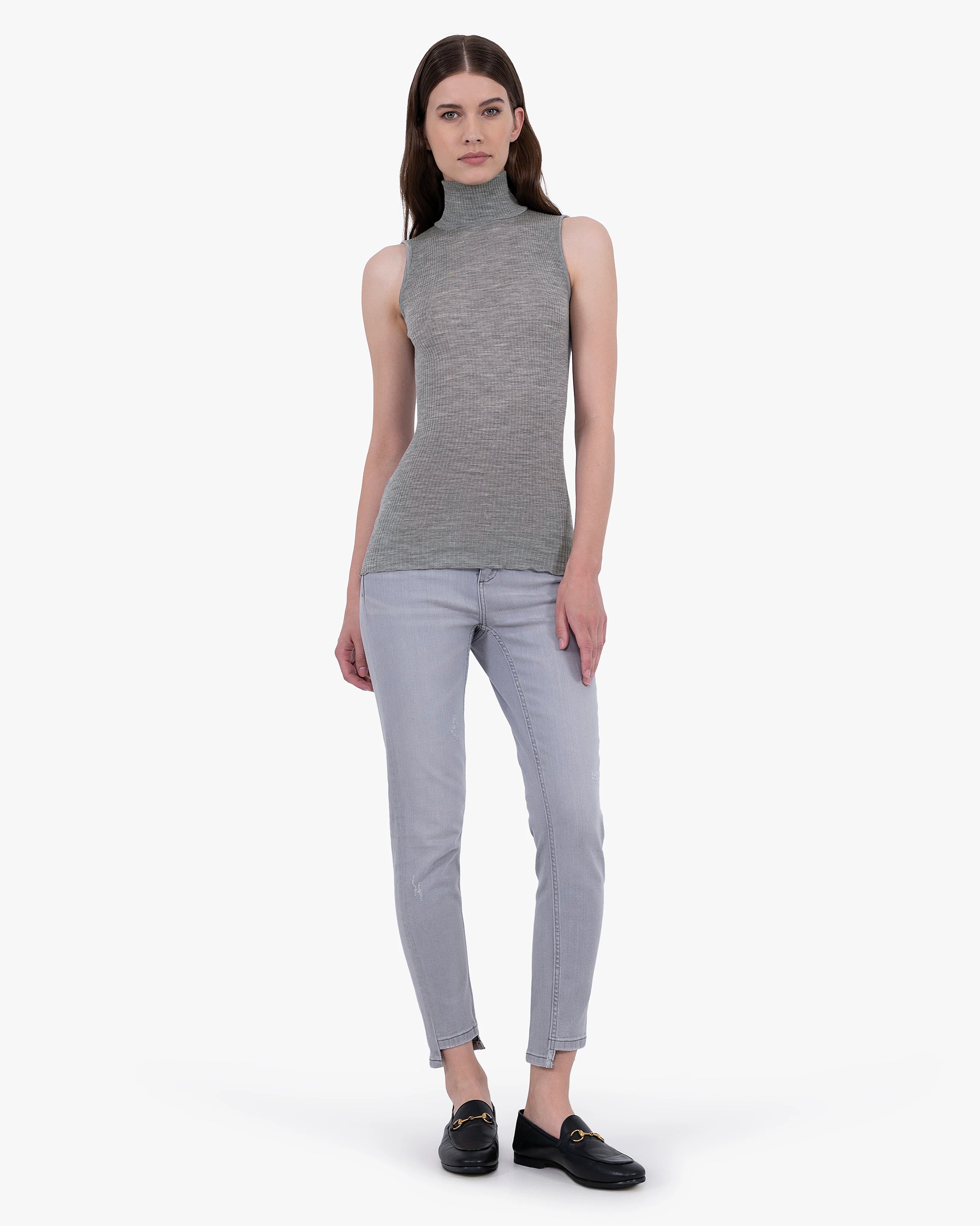 Turtleneck Pleated Tank Top - Grey Merino / Seta