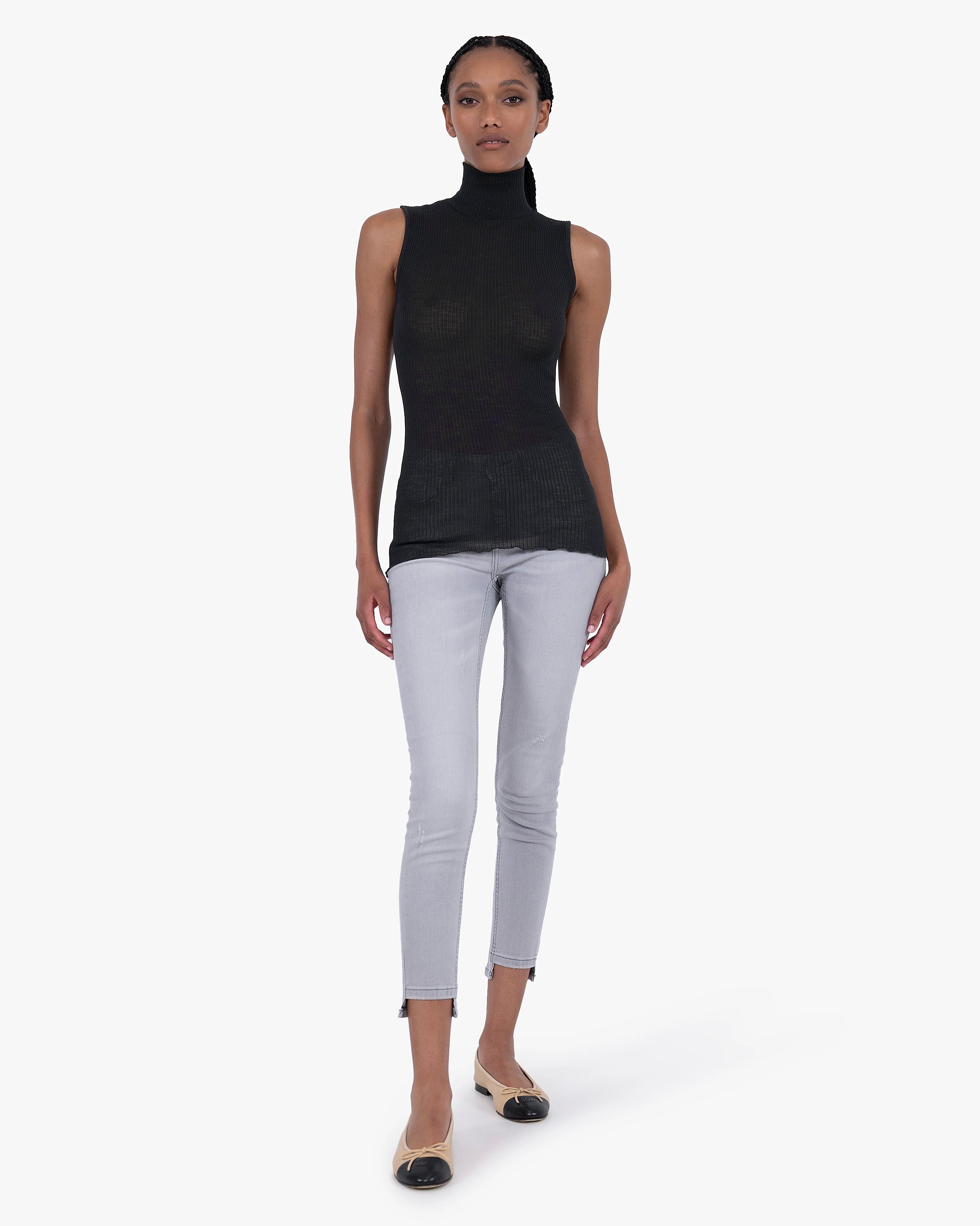 Turtleneck Pleated Tank Top - Black Merino / Seta