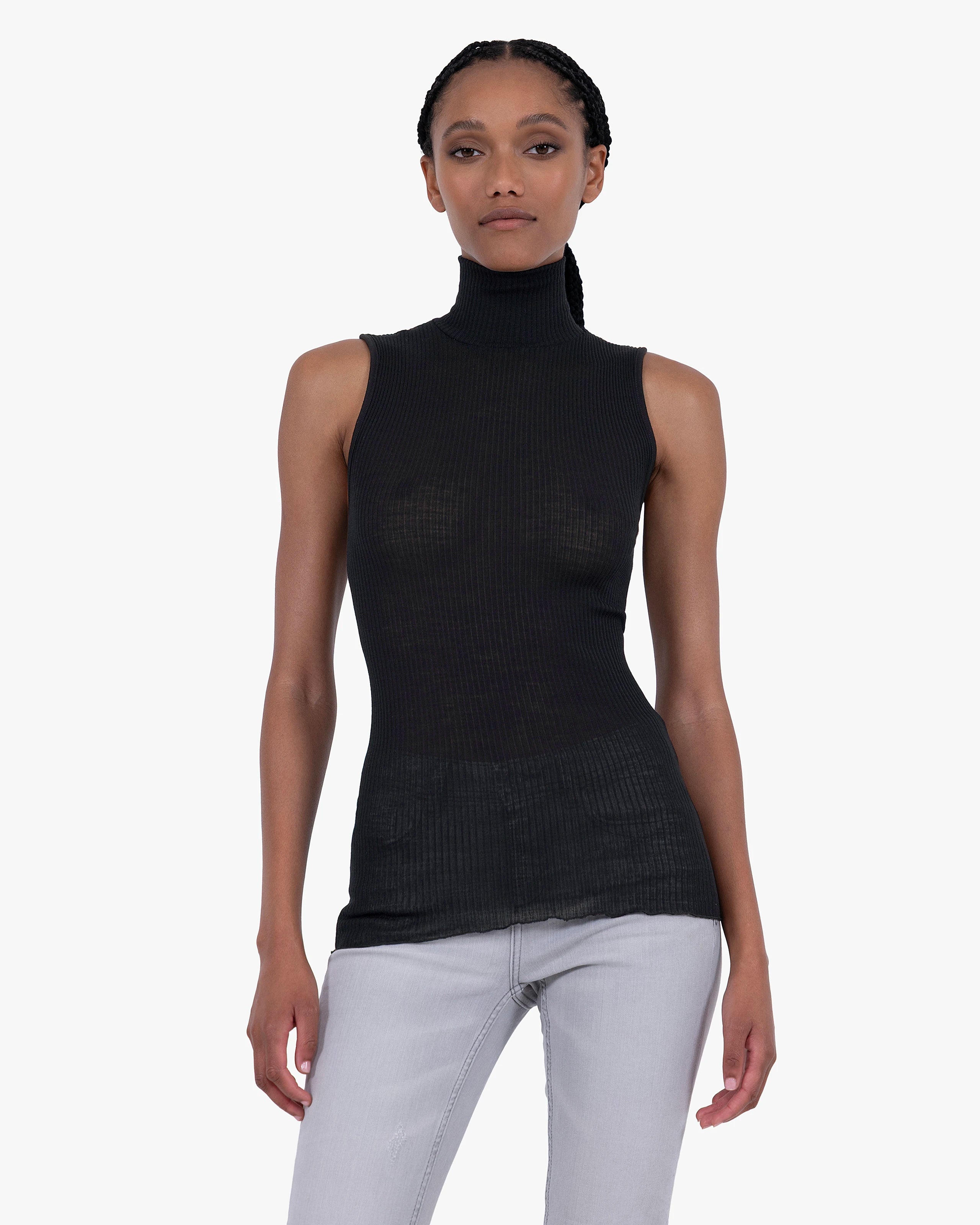 Turtleneck Pleated Tank Top - Black Merino / Seta