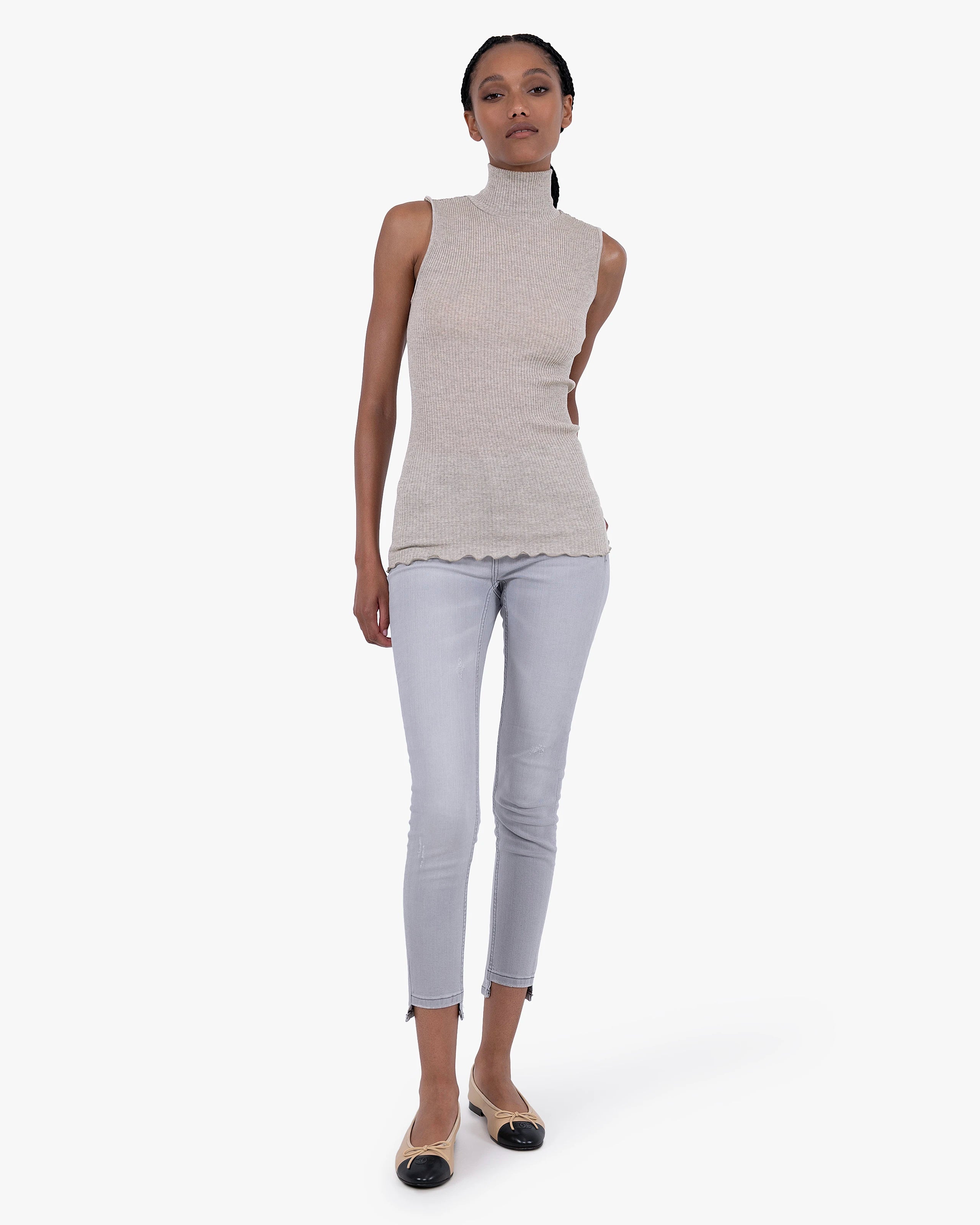 Turtleneck Pleated Tank Top - Walnut Merino / Seta