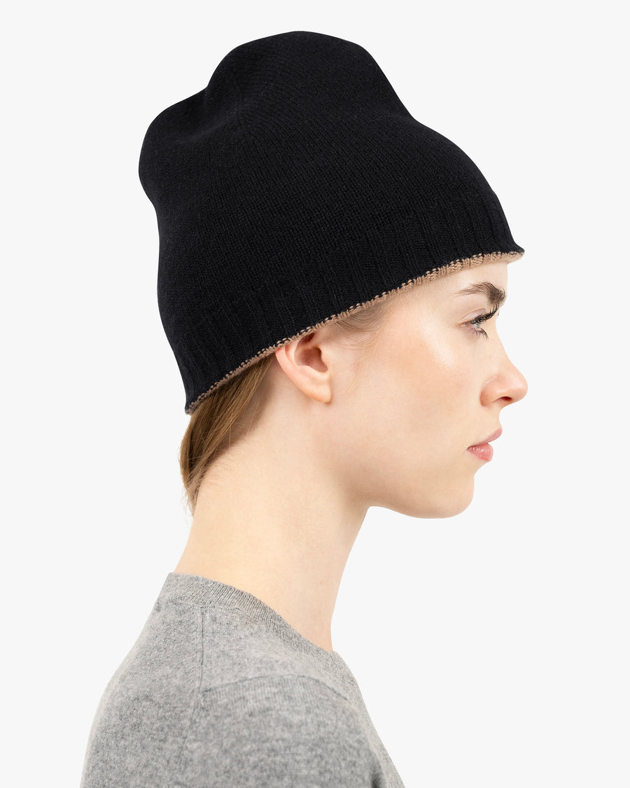 Two-Tone Beanie - Black Cashmere