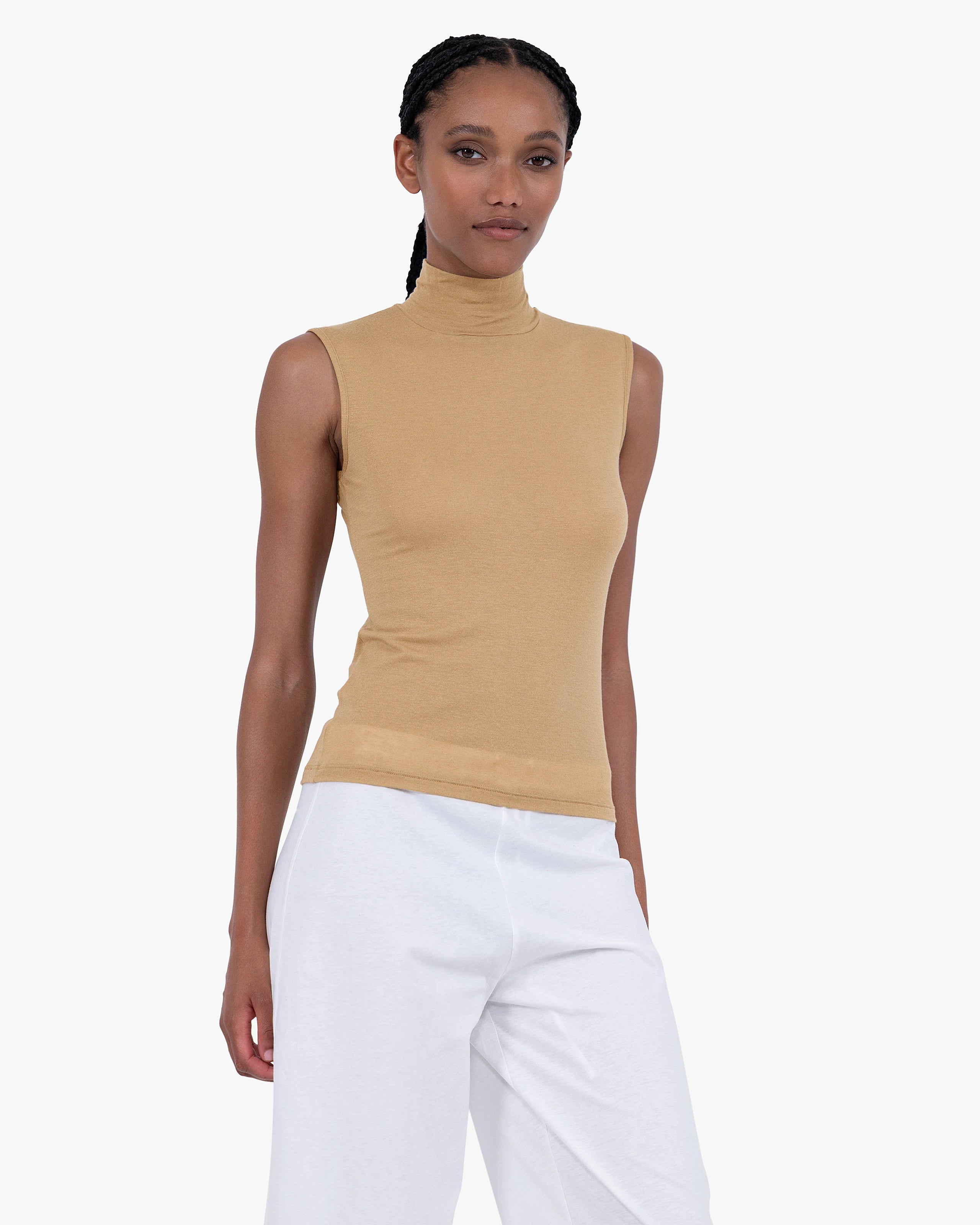 Ultralight Mock Neck Tank Top - Camel Modal / Cashmere