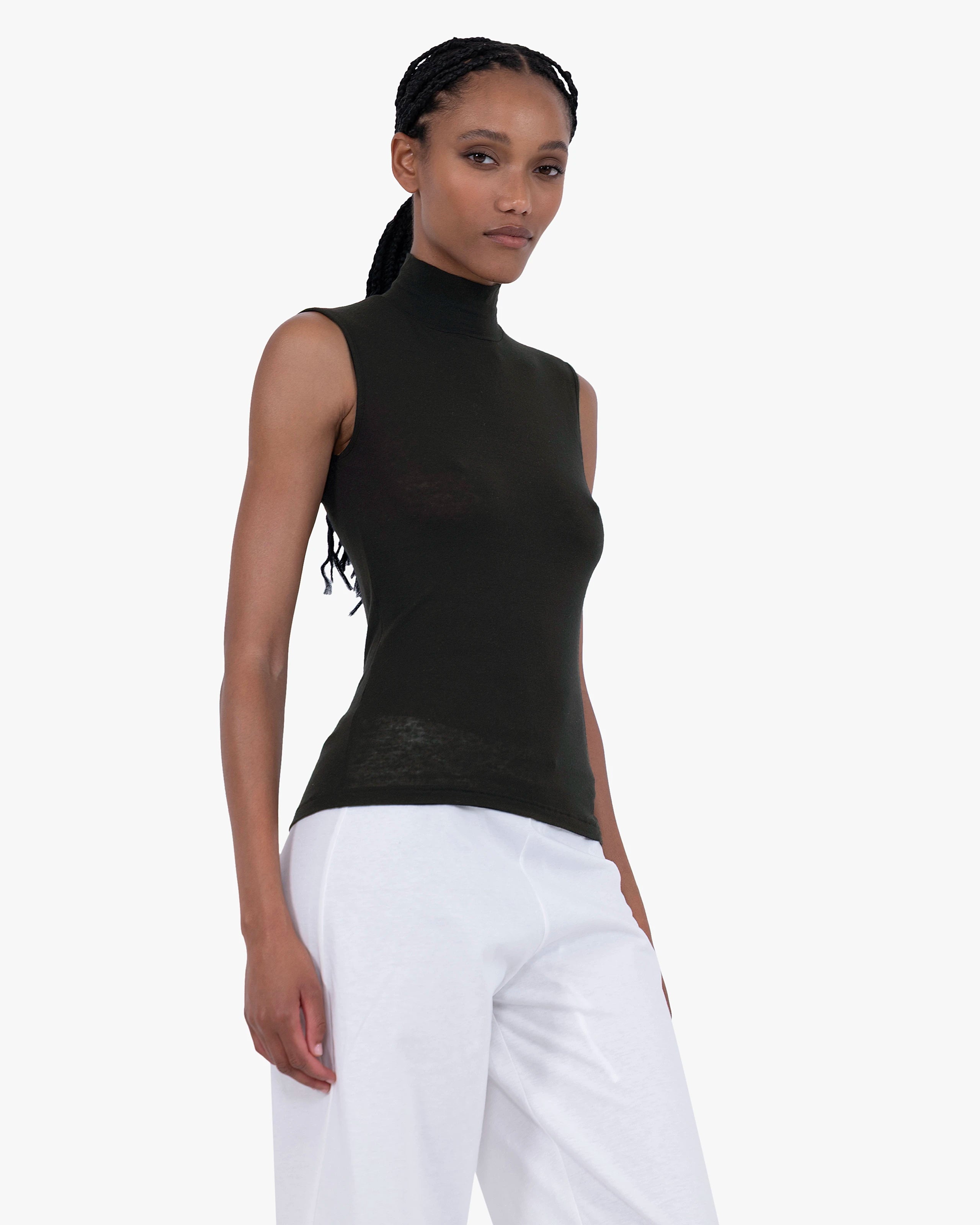 Ultralight Cashmere Mock Neck Tank Top - Black | MaisonCashmere
